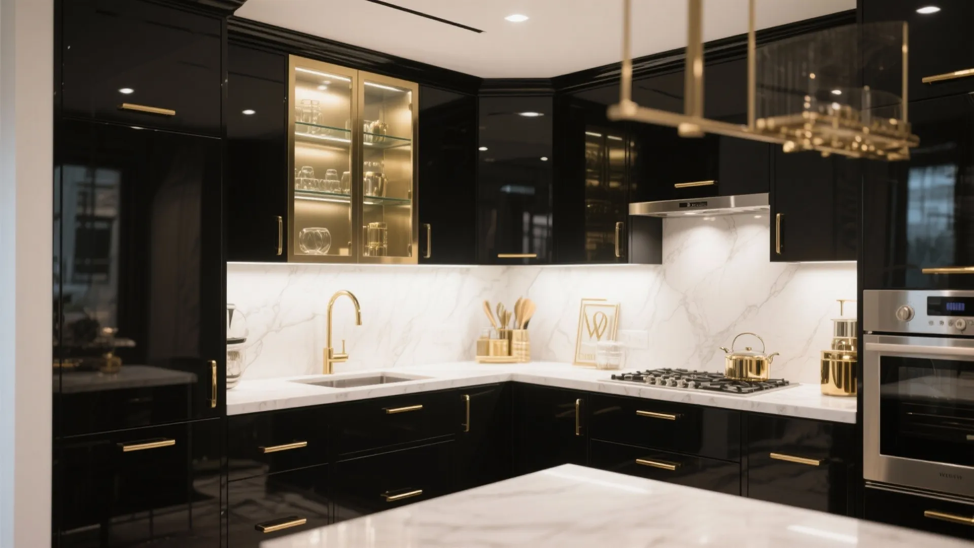 Modern black kitchen with gold handles, marble countertop, gold faucet, glass cabinet, and built-in oven