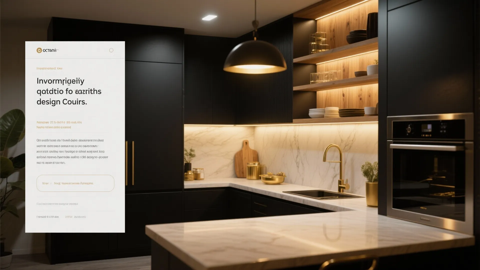 Modern black kitchen with gold tap, marble walls, wood shelves, hanging light, and built-in oven