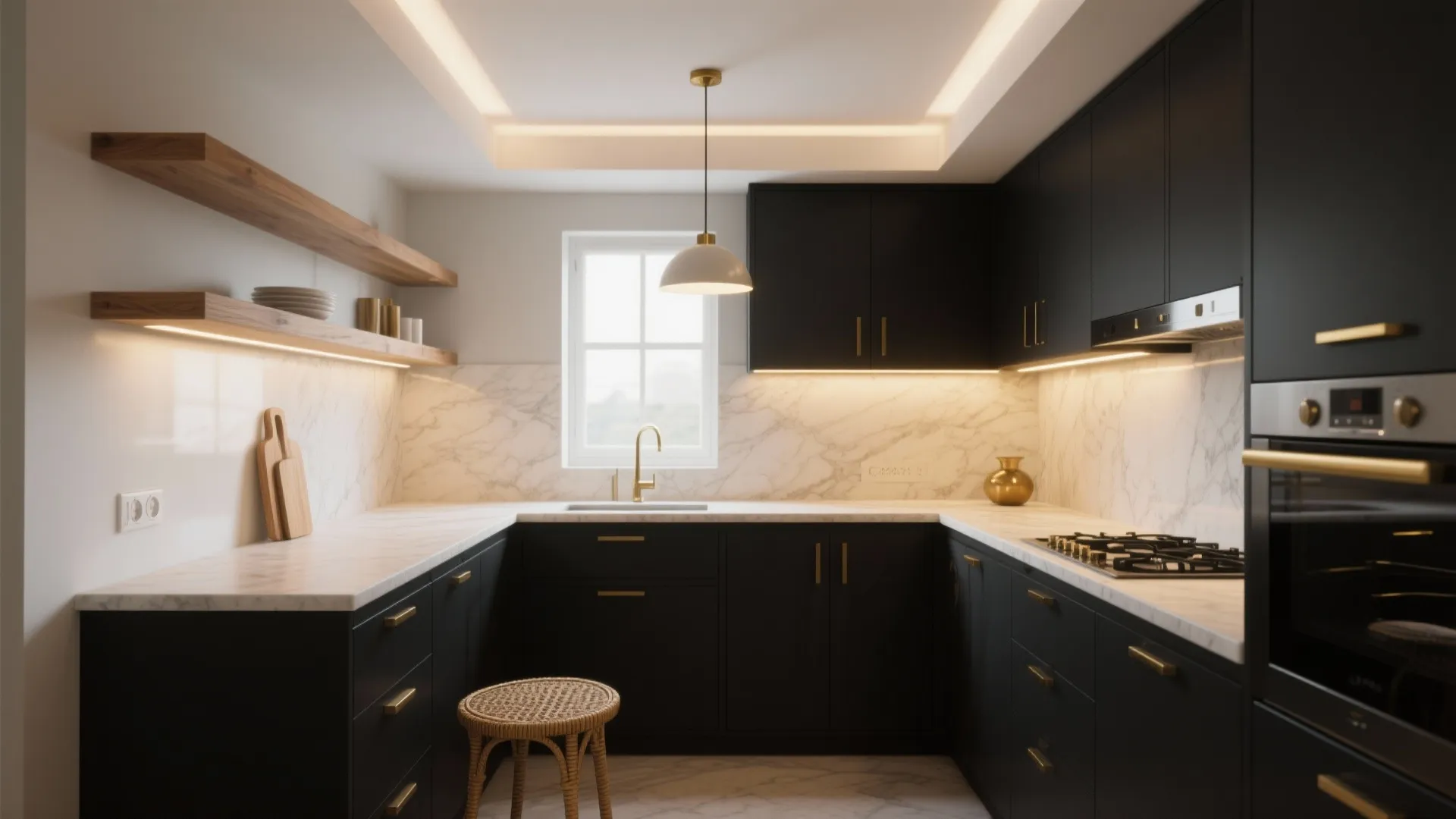Modern black kitchen with marble countertop golden handles wooden shelves and a simple white ceiling light