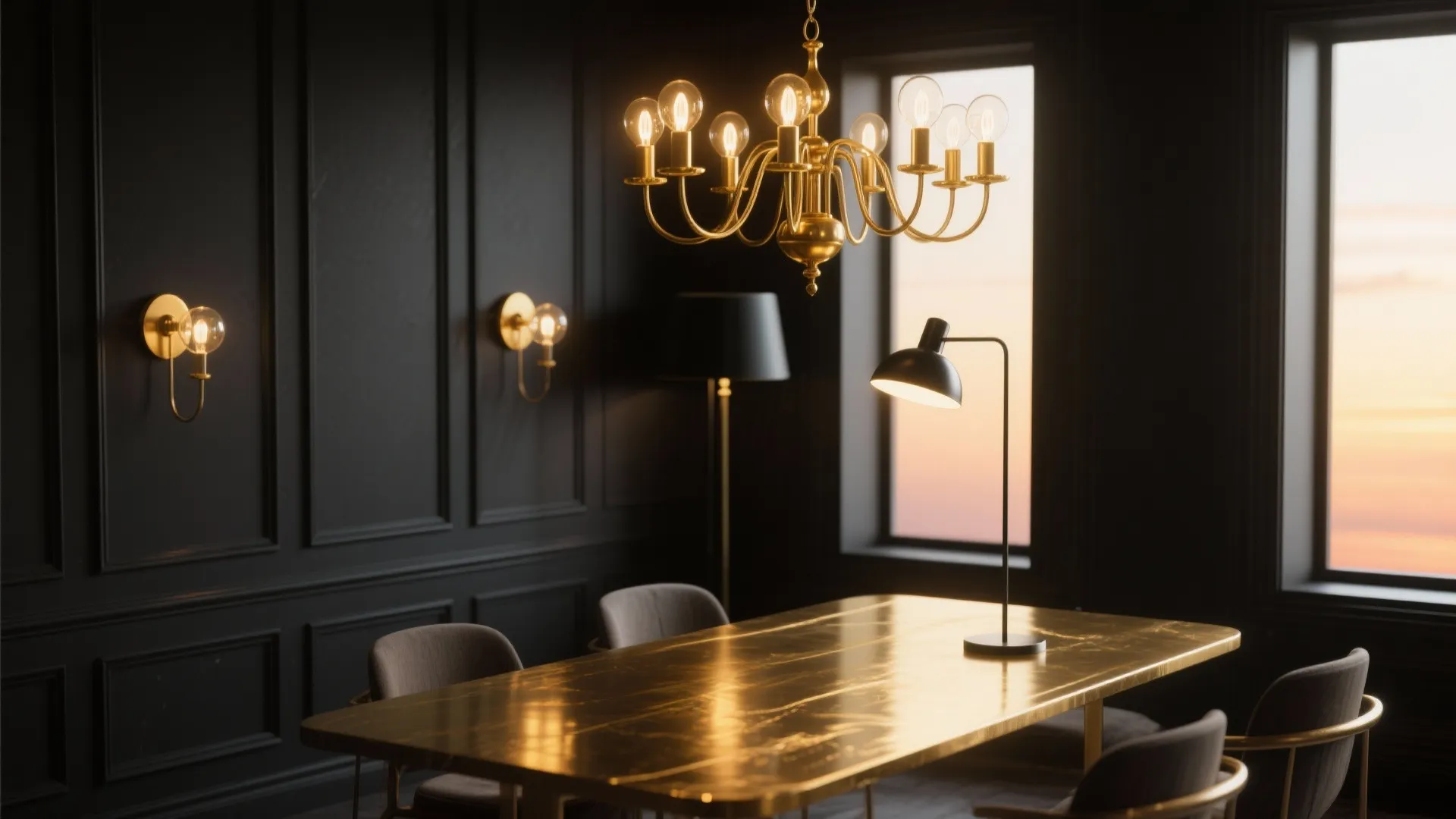 Dark dining room with gold ceiling light black wall panel gold table and wall lights
