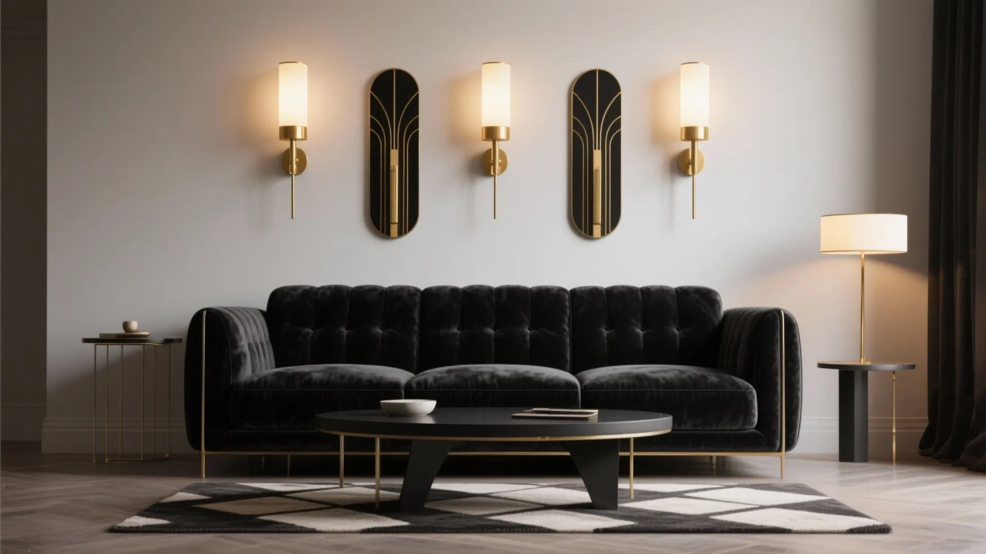 Modern living room with black sofa coffee table wall light floor lamp and patterned rug