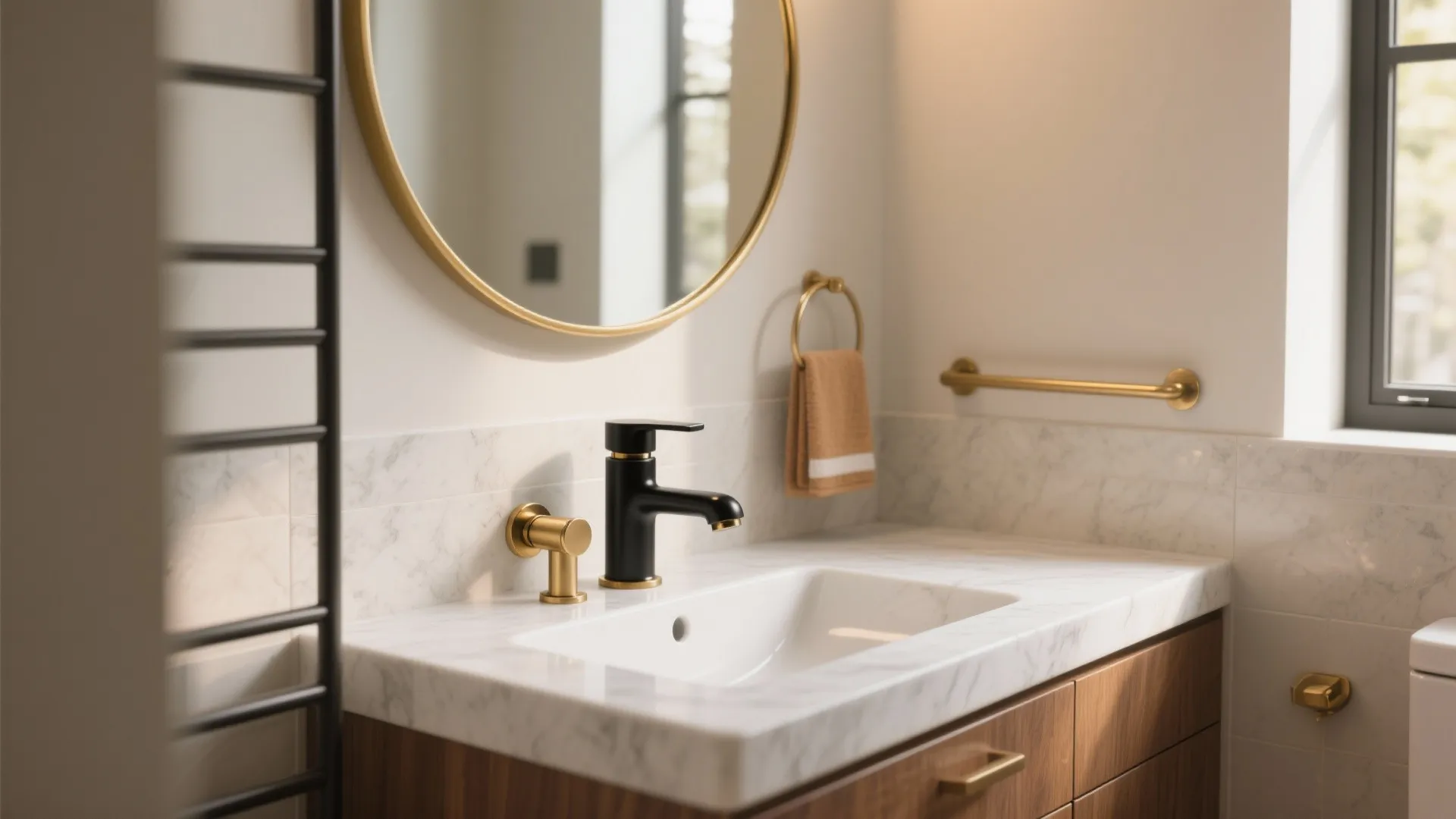 Modern bathroom vanity with marble top black gold tap round mirror and wooden storage cabinet