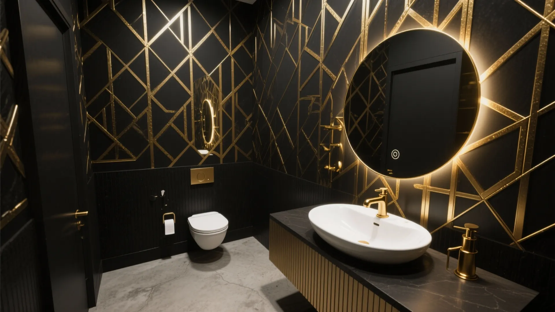 2. Black wallpaper with metallic accents to elevate small bathrooms