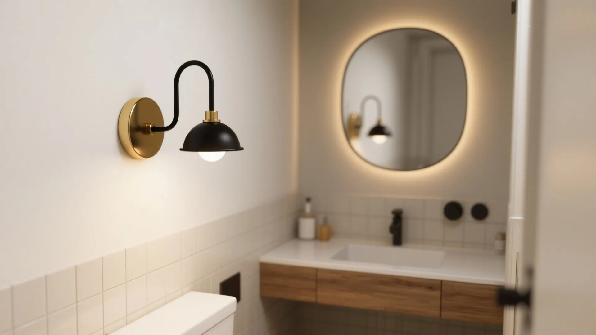 Black & Gold Bathroom Sconces — 5 Inspo Ideas: Stylish small-space lighting ideas combining black and gold for luxe bathrooms