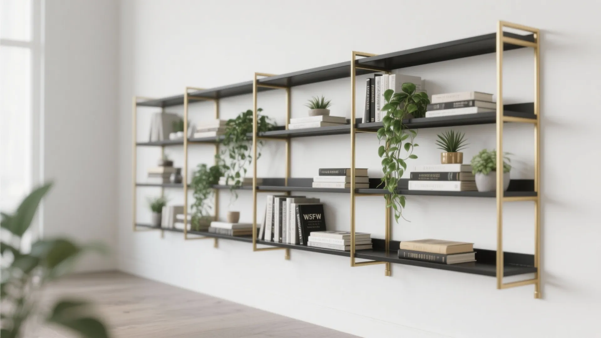 7. Black and Gold Shelving Unit
