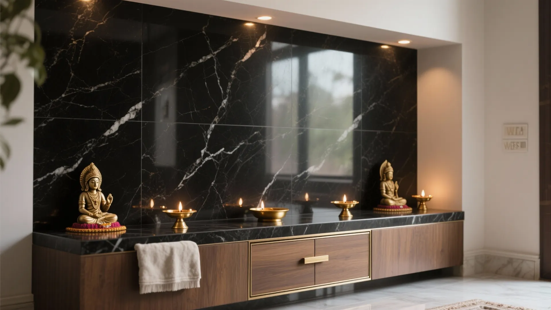 Polished Black Granite Backdrop With Brass Accents