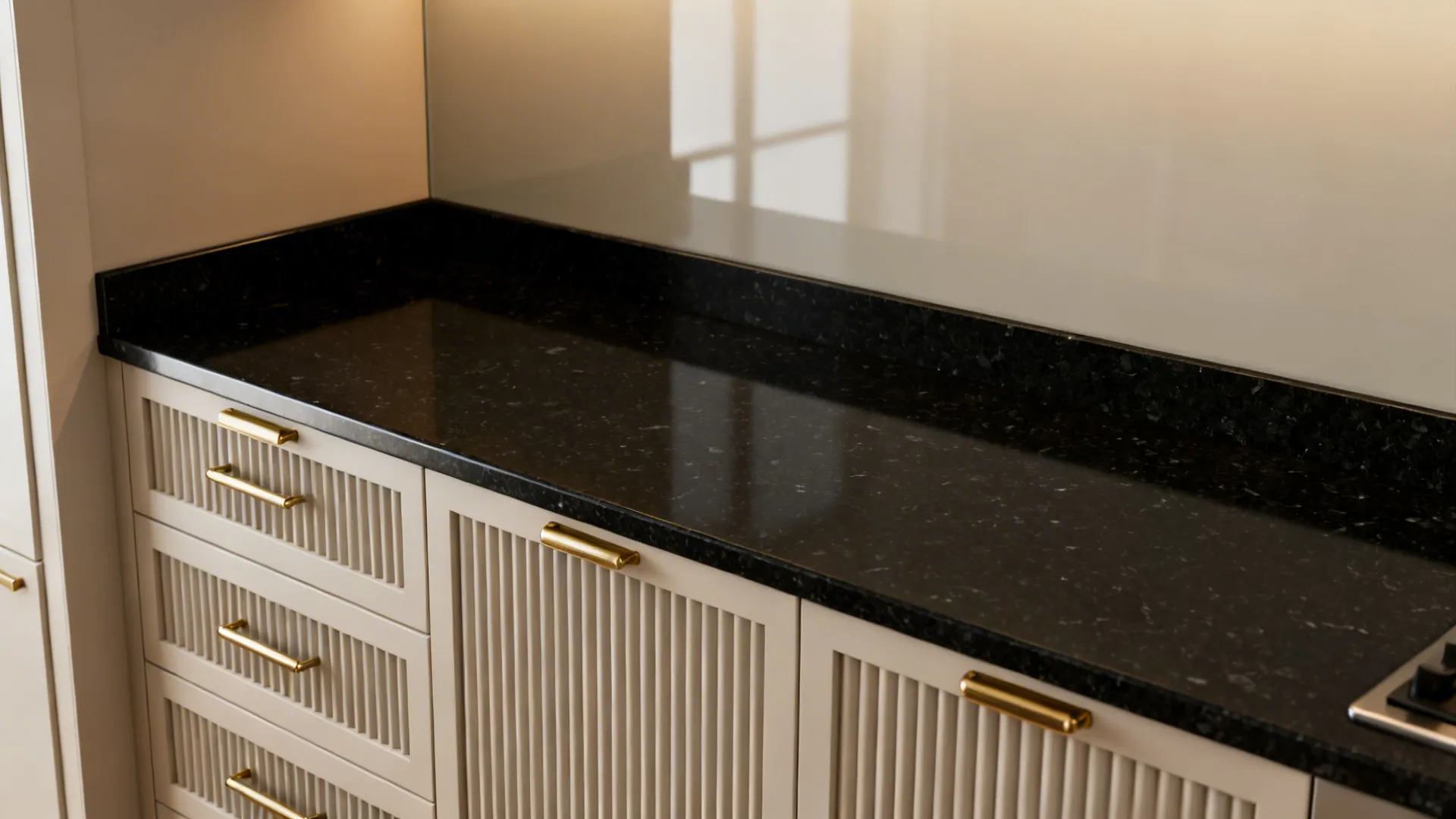 Black granite countertop with fluted cabinet fronts and satin brass pulls in a compact kitchen.