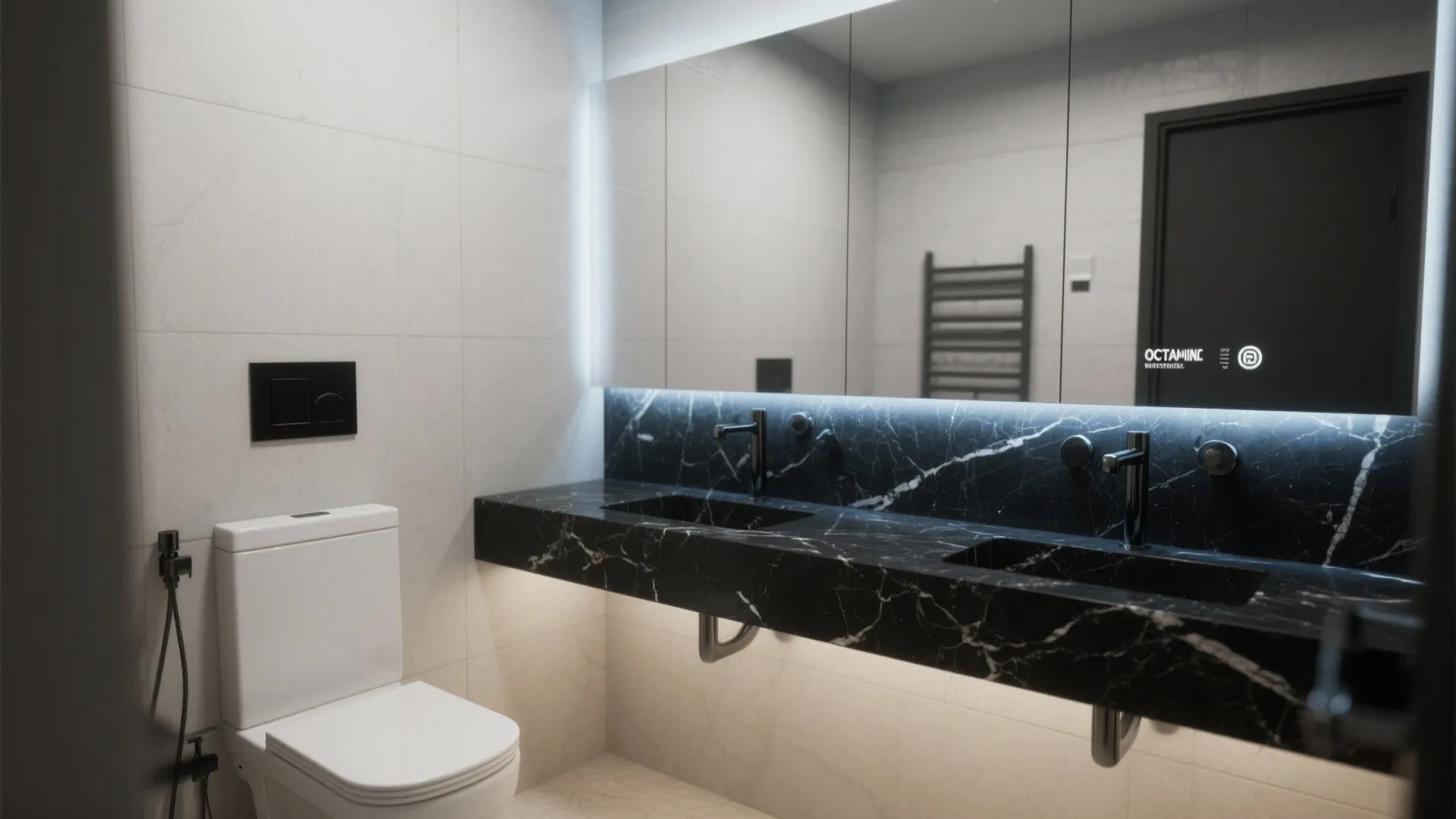 Modern bathroom with black marble double sink vanity white wall tiles and a white toilet
