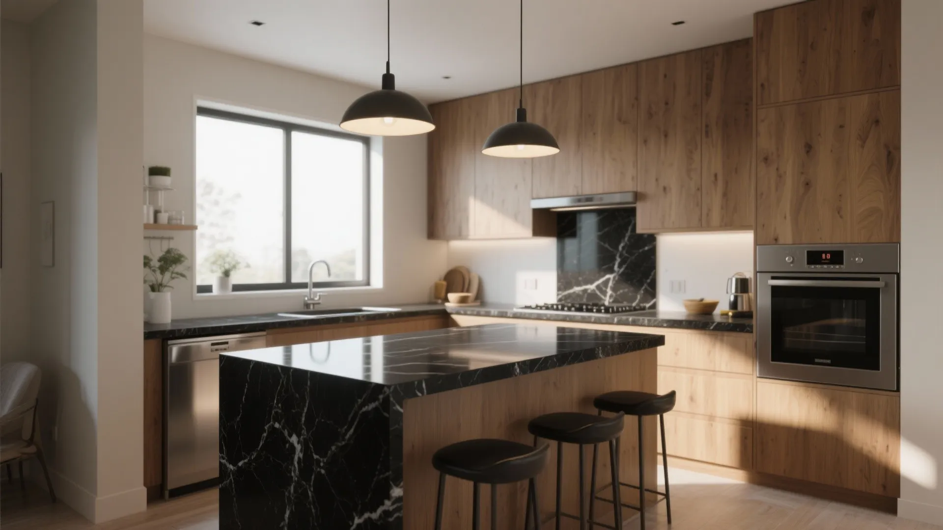 Modern kitchen with black marble island, wood cabinets, ceiling lights, oven, sink, and natural light
