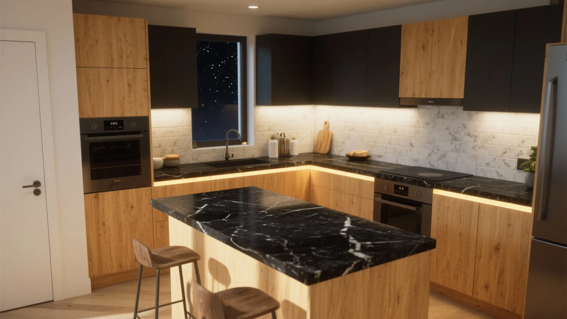 Modern kitchen with black marble countertops light wood cabinets integrated oven island and warm LED lighting