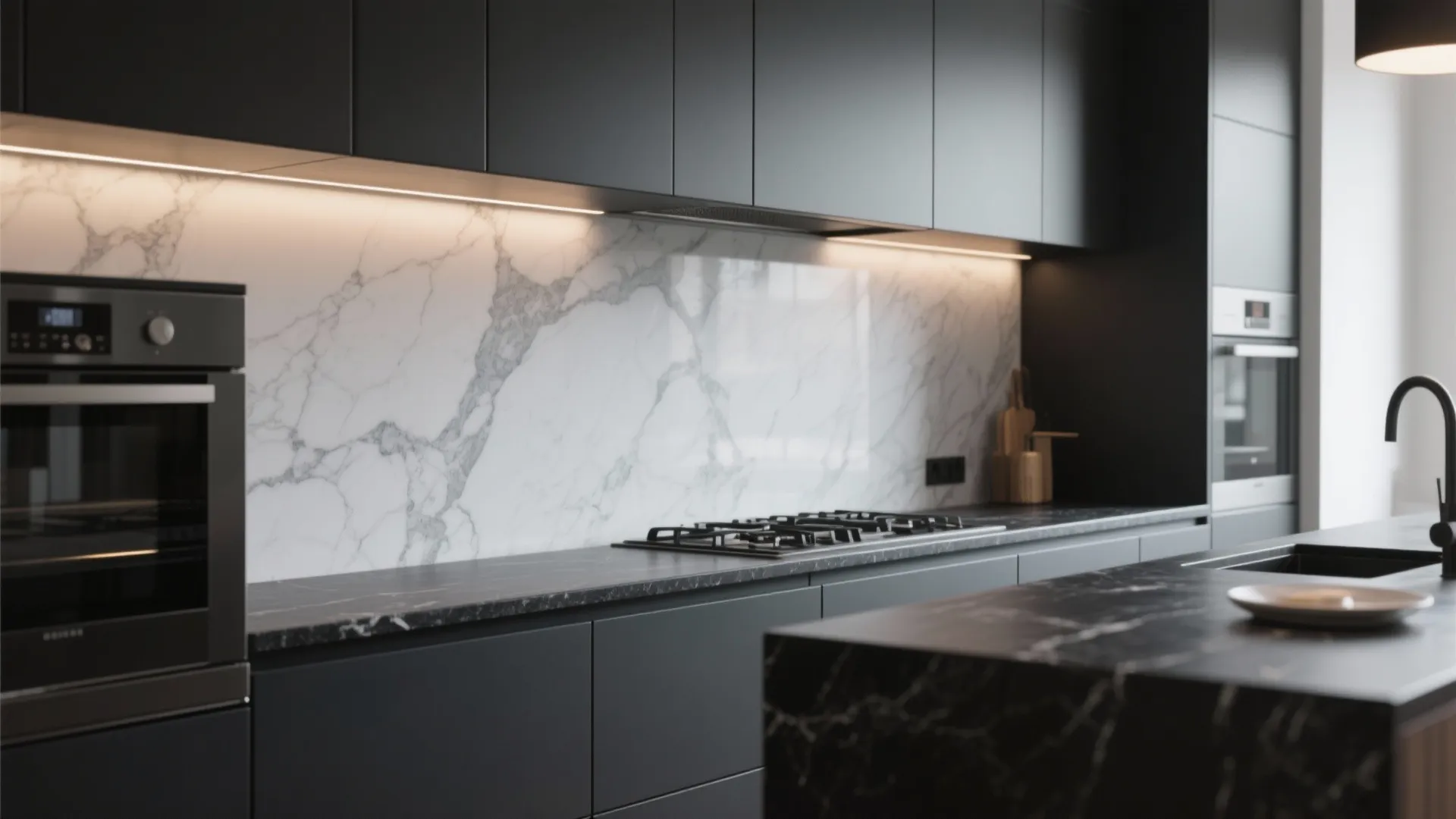 Modern black kitchen with white marble wall panel black countertops oven island and warm lighting