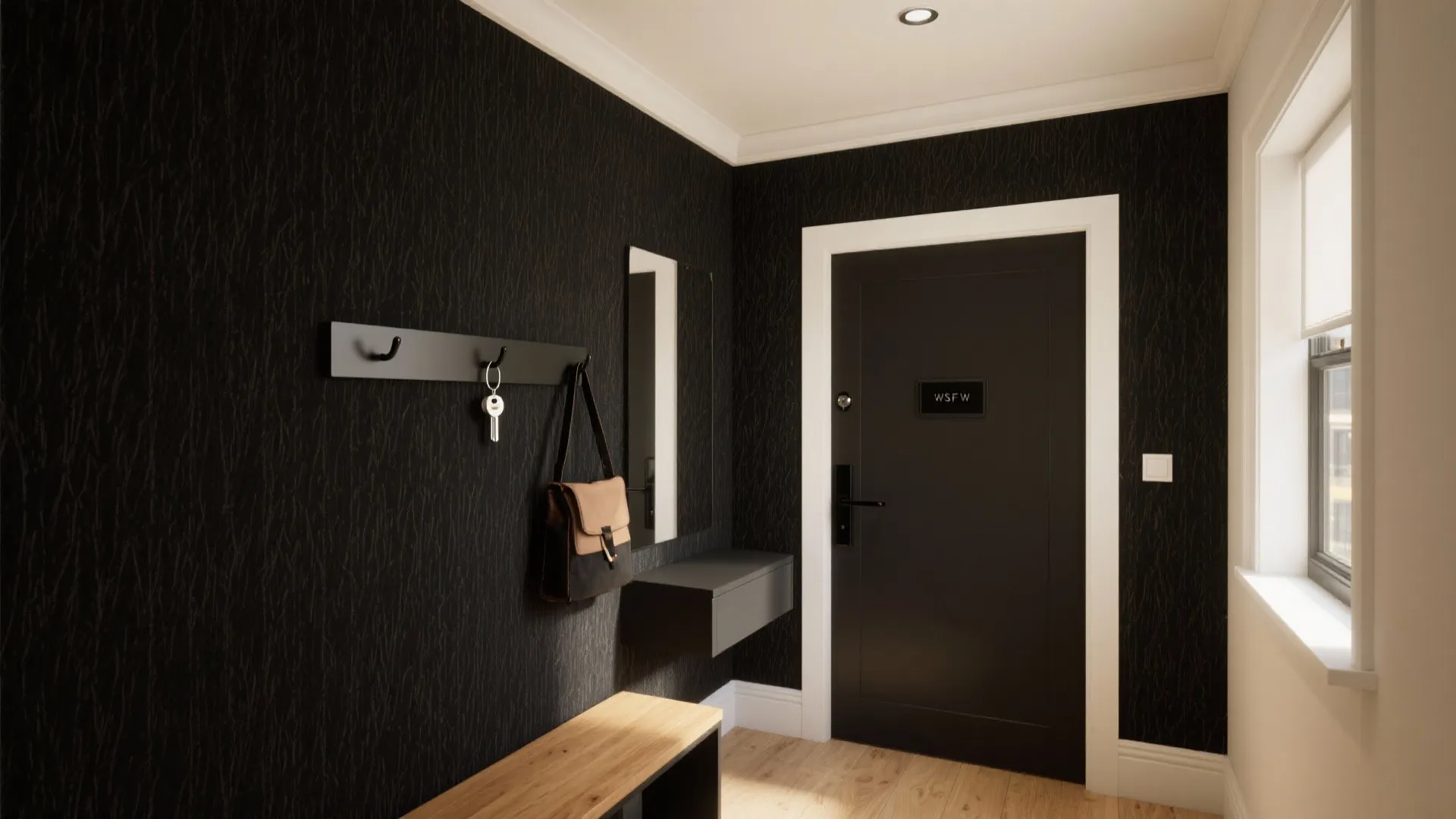 1) Minimalist black grasscloth in the entry