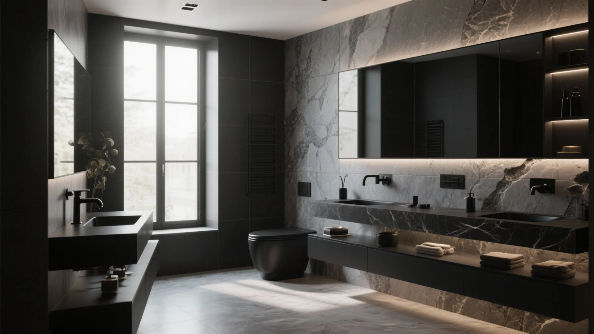 Modern bathroom with black toilet gray marble walls double sinks large mirror and tall window