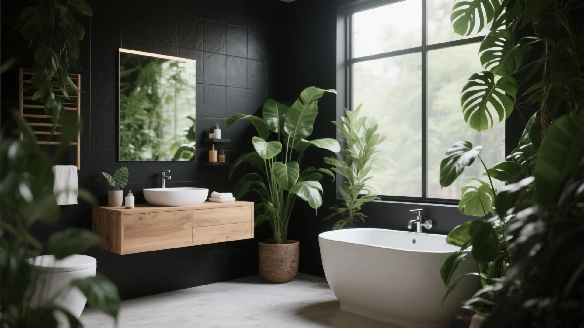 Modern black tile bathroom with wooden cabinet white bathtub green plants and a large window