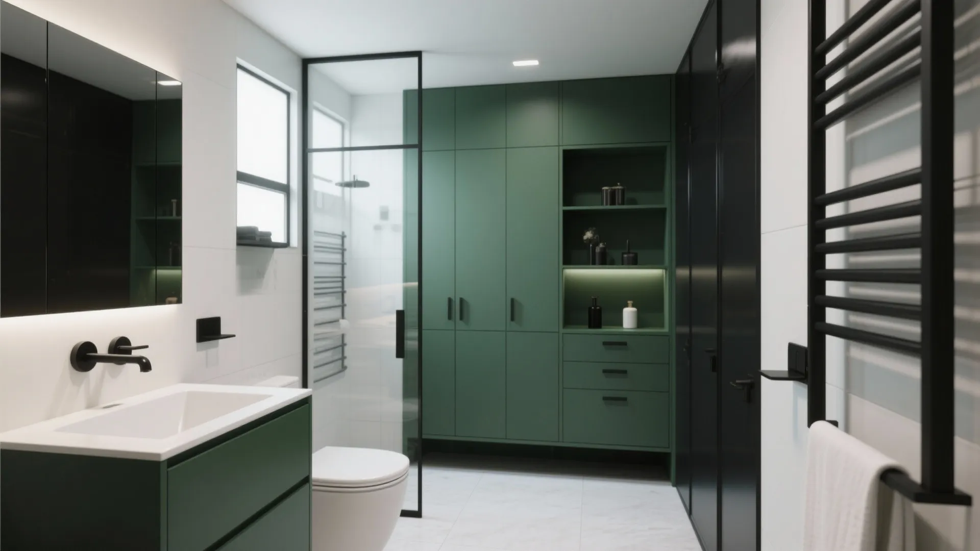 Modern bathroom with green cabinets, white sink, glass shower door, black towel rack, and toilet