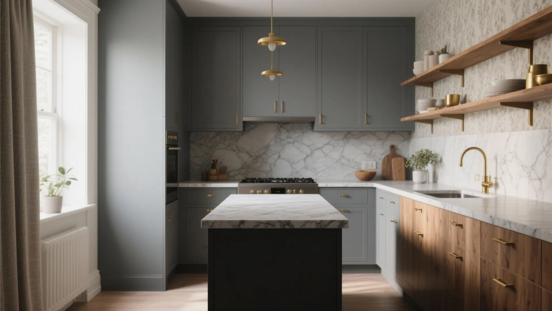 Modern kitchen with grey cabinets marble backsplash wooden island gold faucet and hanging gold ceiling light
