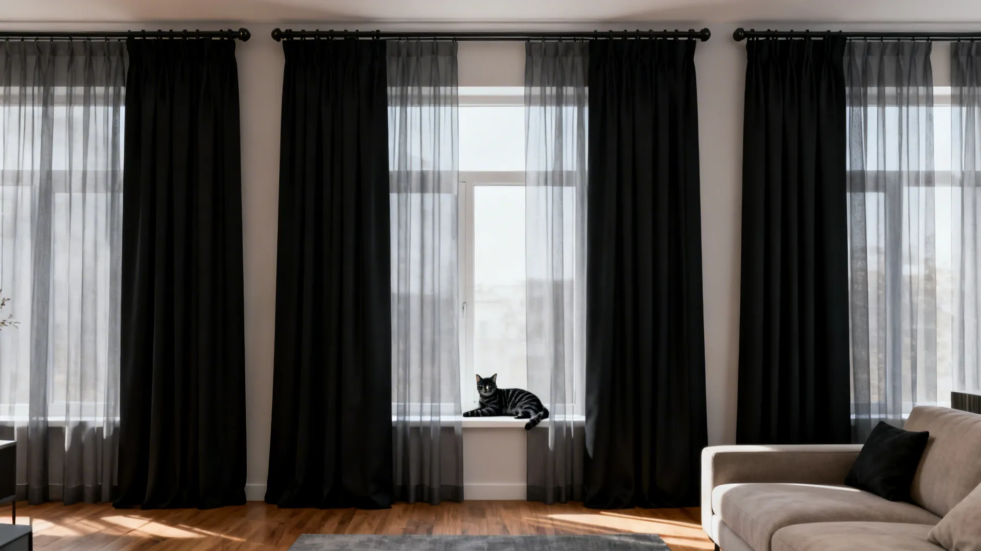 Living room with black and sheer curtains on windows and a black cat on sill