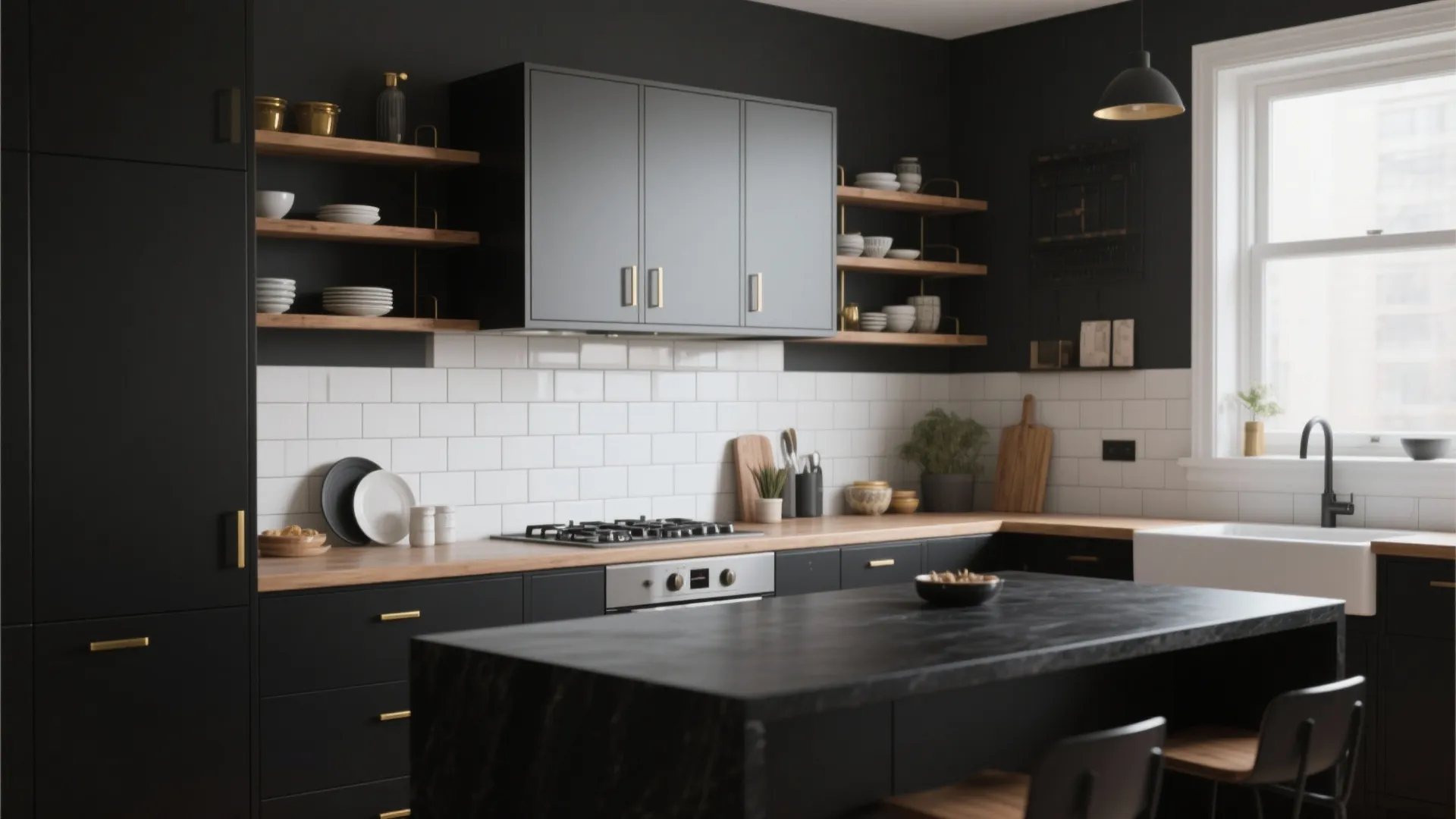 Modern black kitchen with white wall tiles wooden counter island sink window and ceiling light