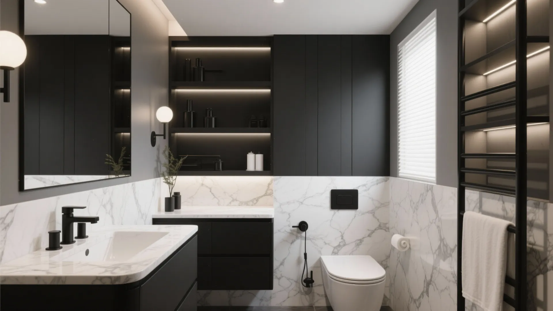 Minimalist bathroom design with marble wall panels plus black cabinets and integrated warm LED lighting