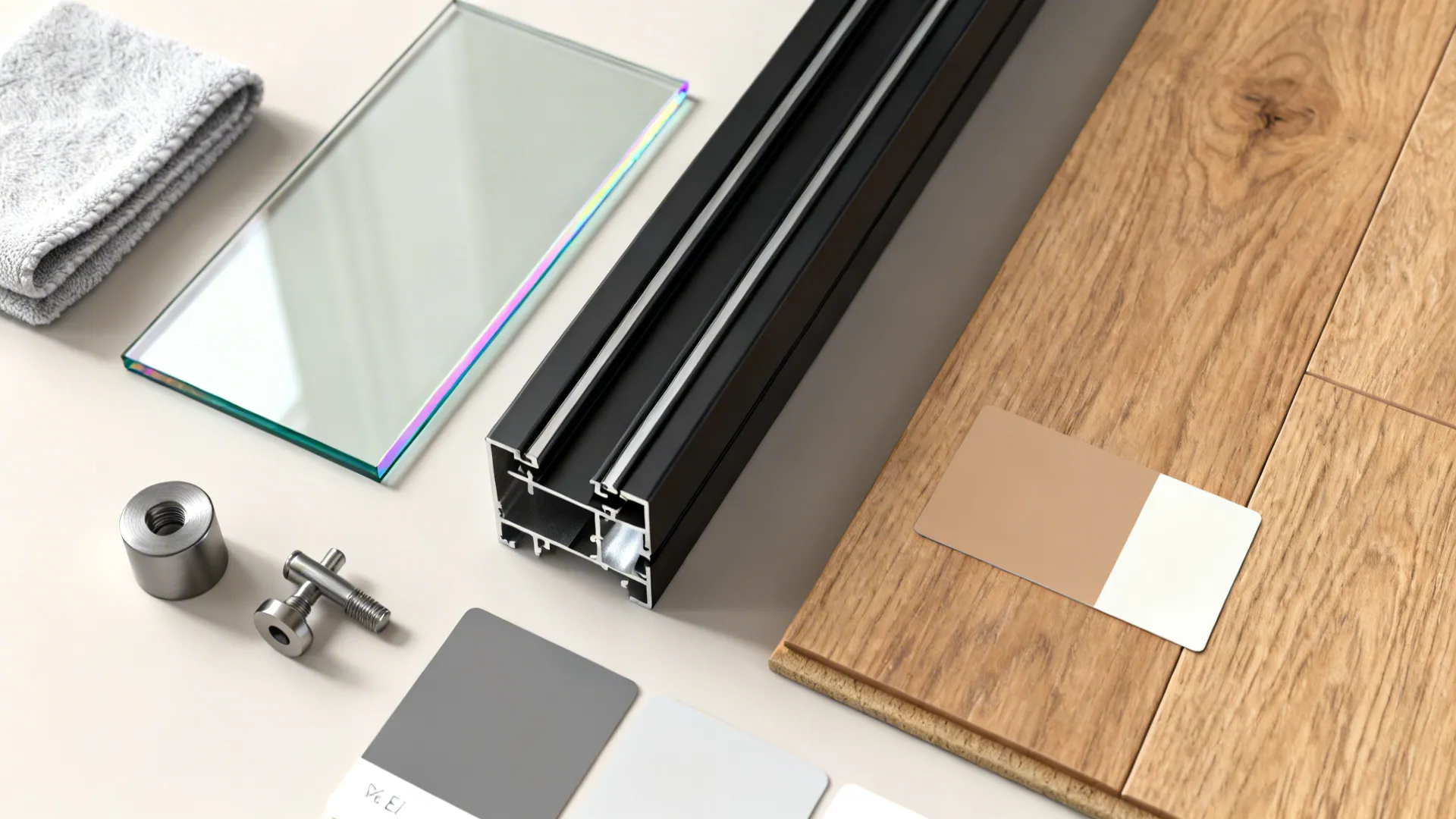 Top-down material flat lay for slim black-framed sliders with clear low-iron glass and oak accents.