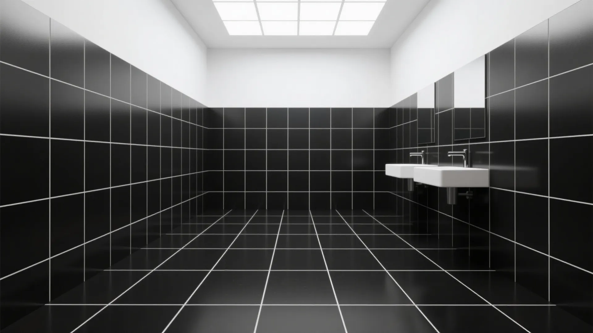 Black porcelain floor with white grout lines forming a crisp grid.