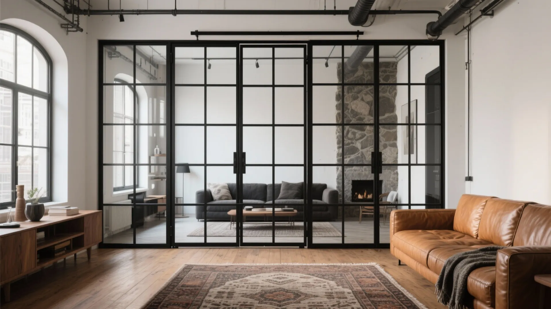 Black-Framed Grid (Crittall-Style) Sliding Doors