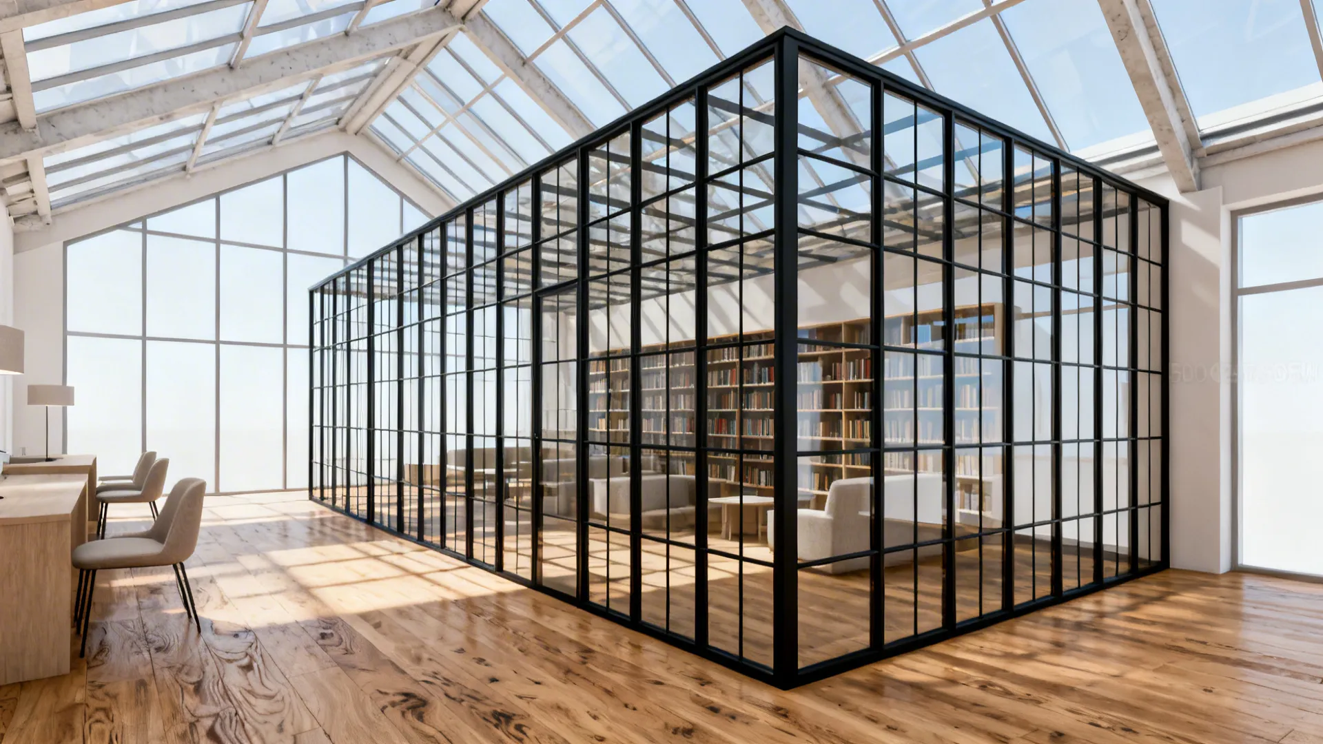 Crittall-style black metal grid glass partition creating a bright reading nook.