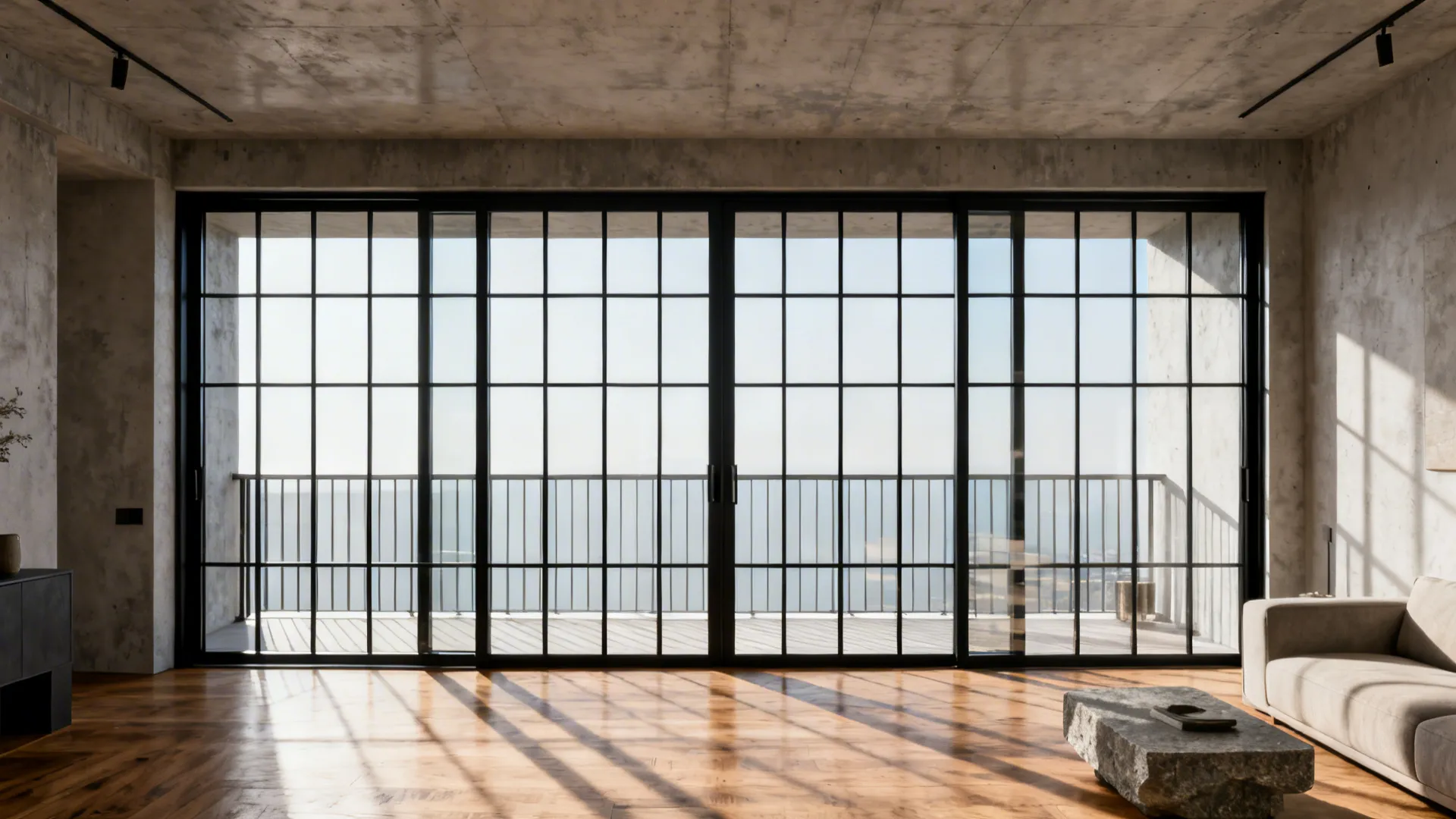 Slim black-framed grid glass slider in a modern living room with oak floors and clear light.