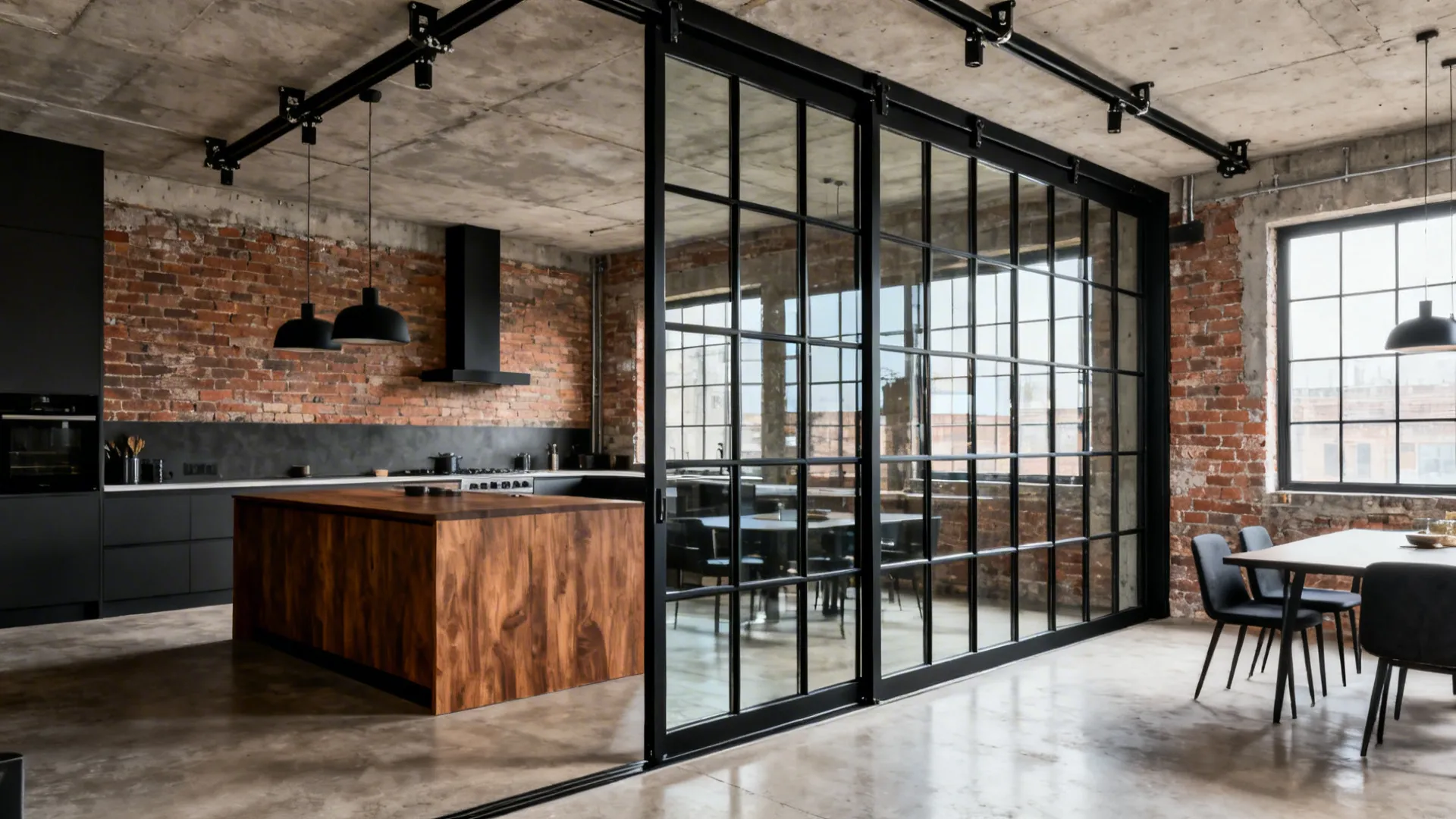 Industrial kitchen with red brick wall black glass sliding doors wooden island and black lights