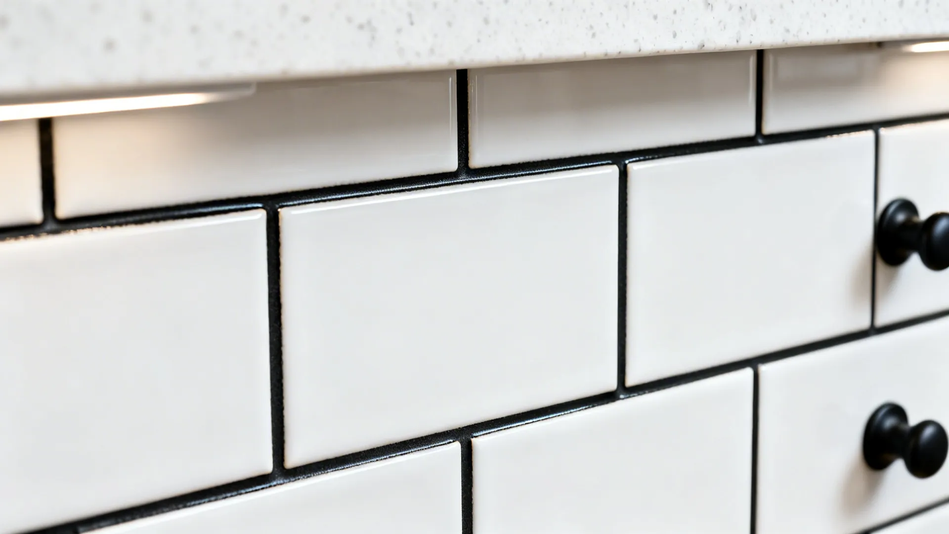 Macro of white subway tile backsplash with satin black grout forming a precise grid