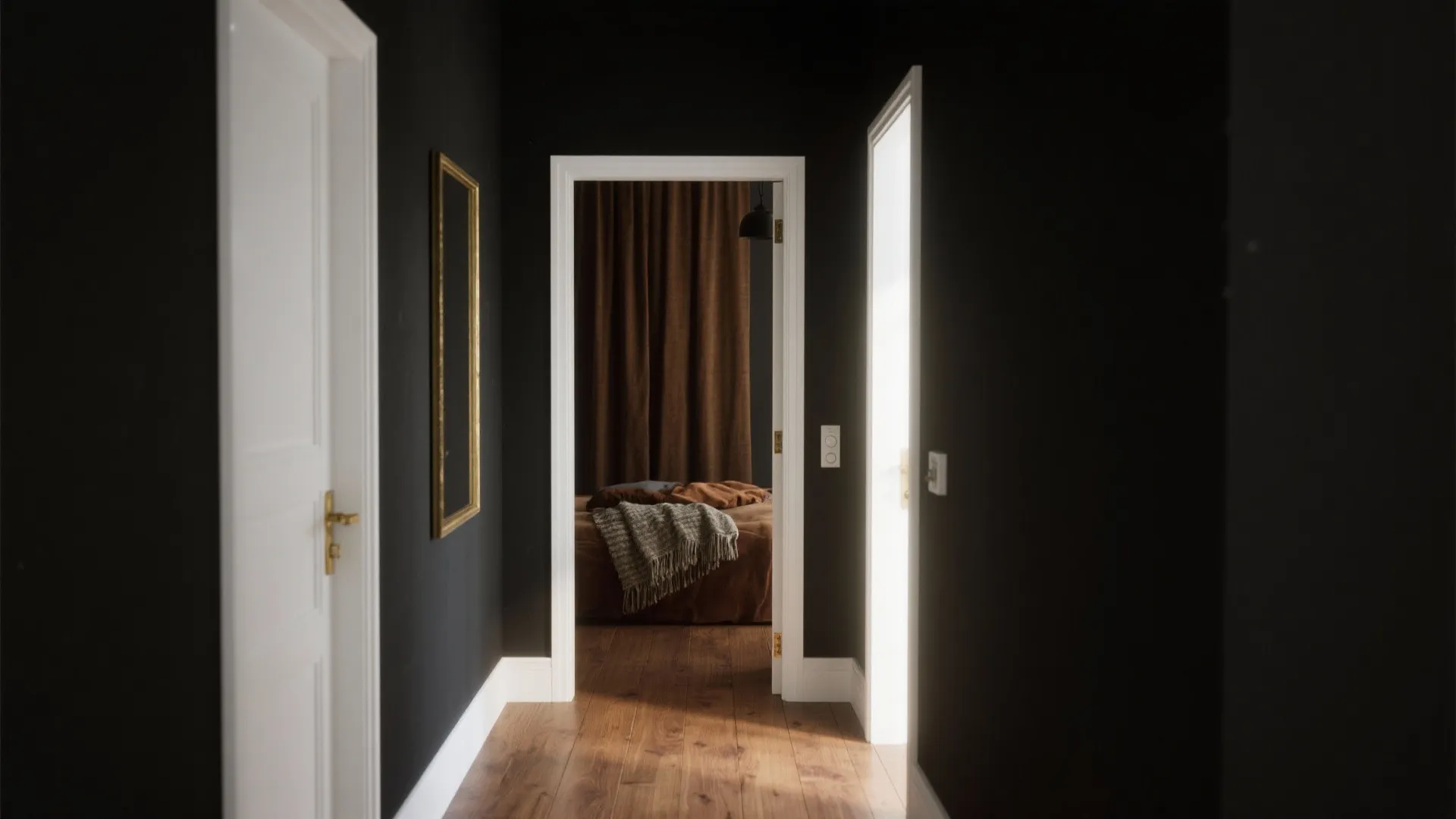 Dark black hallway with white doors wooden floor mirror and a view into a bedroom