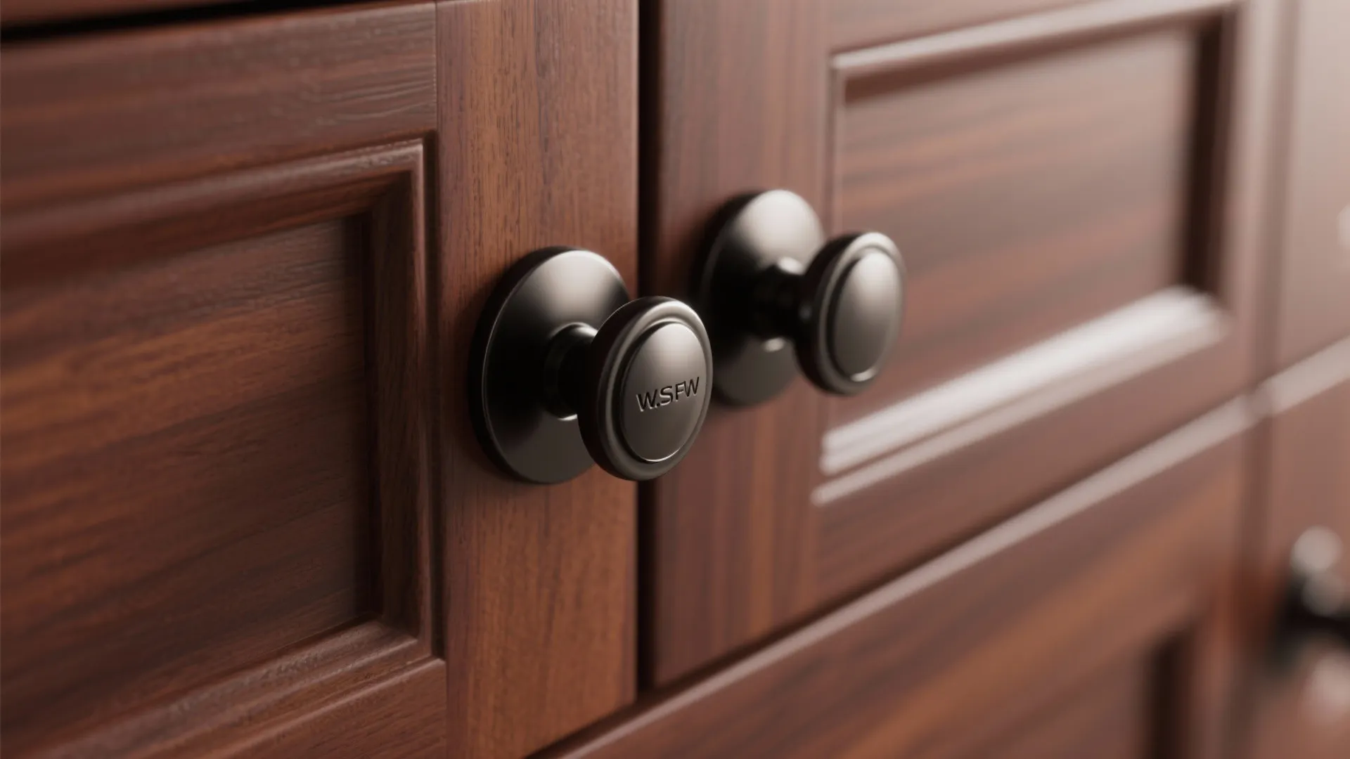 Close up of two black round metal knobs installed on dark wood kitchen cabinet doors