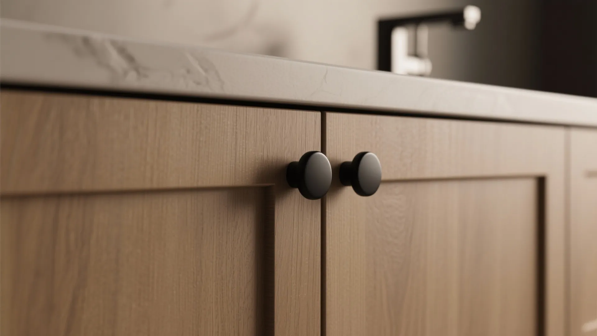 Light brown cabinets with matte black hardware