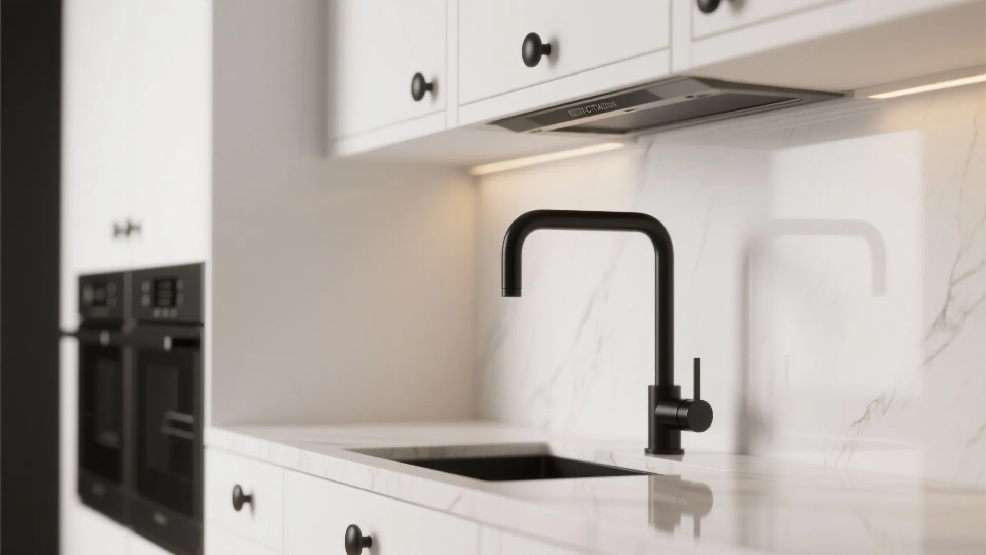 White cabinets with bold matte black hardware and a black faucet in close-up detail.