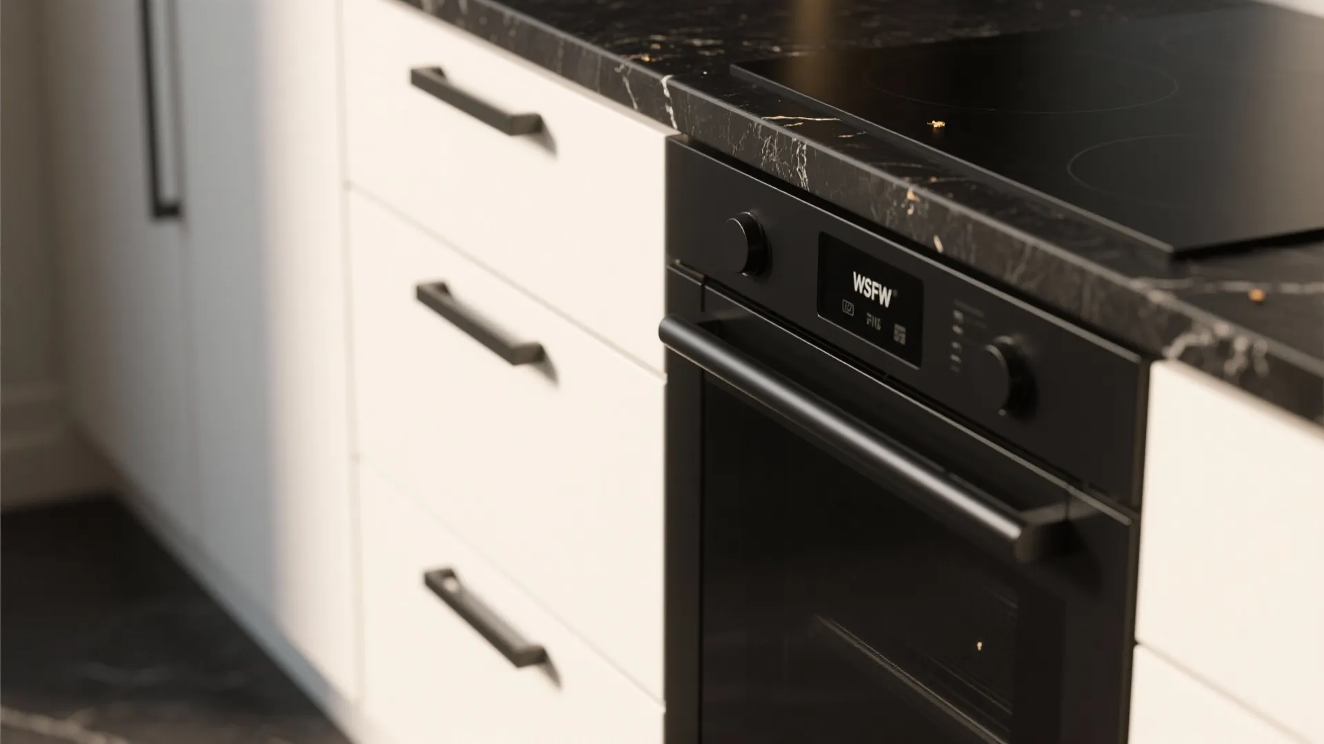 Close-up of matte black hardware and integrated appliance panel next to a black countertop.