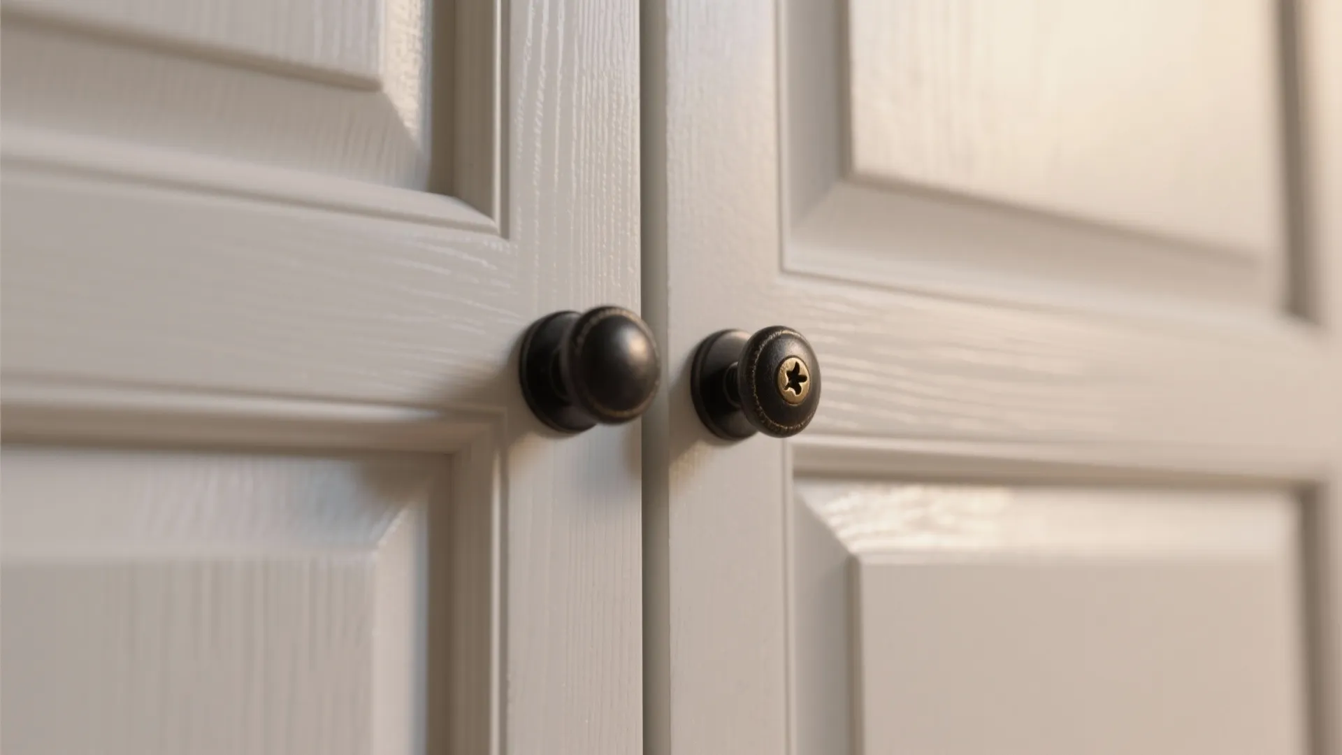 Close up of black round door knobs on white wooden cabinet doors in natural light