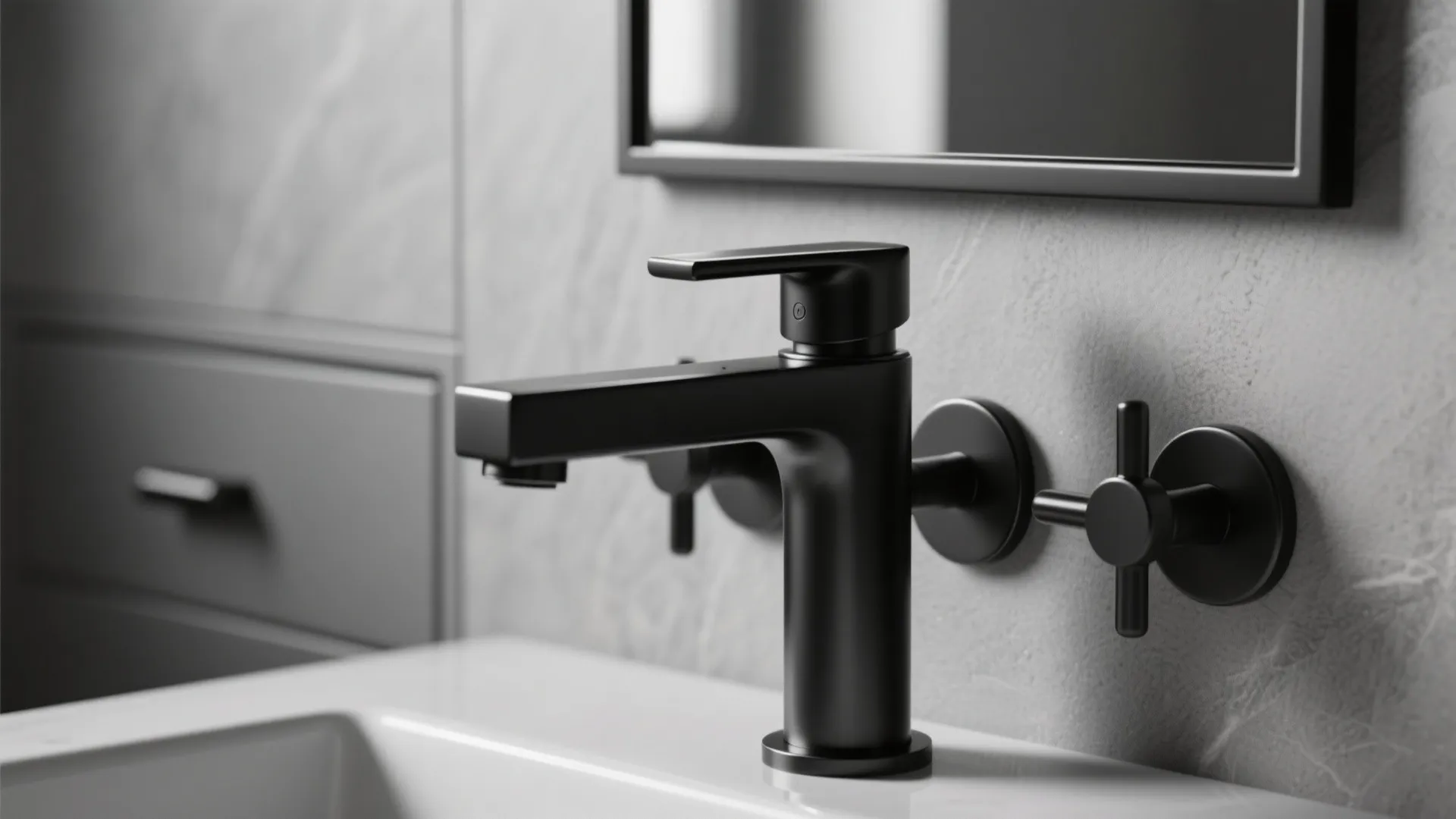 Close up of a matte black water tap on a white sink in modern bathroom