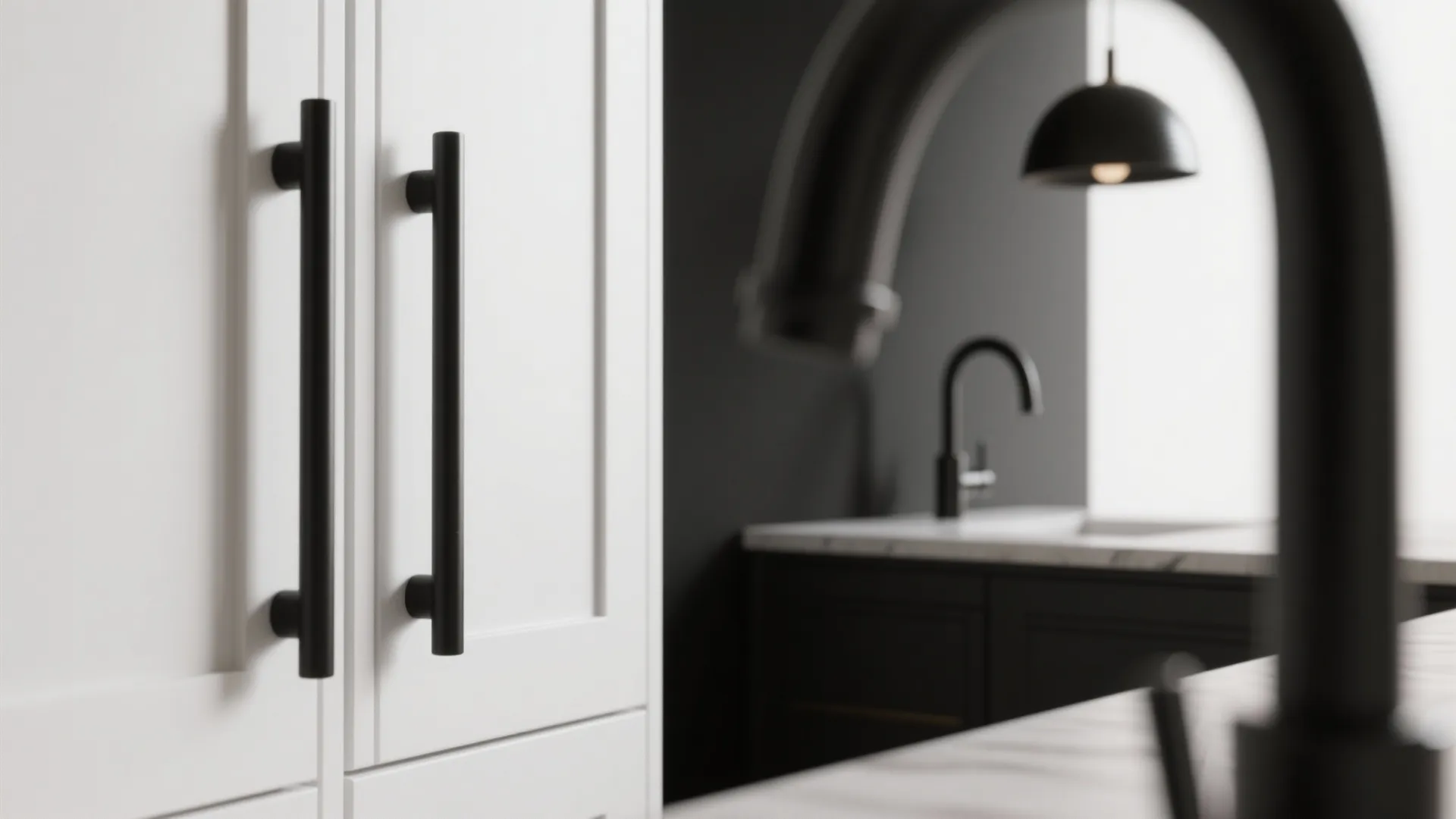 Close up of black cabinet handles on white doors with blurry kitchen tap and light