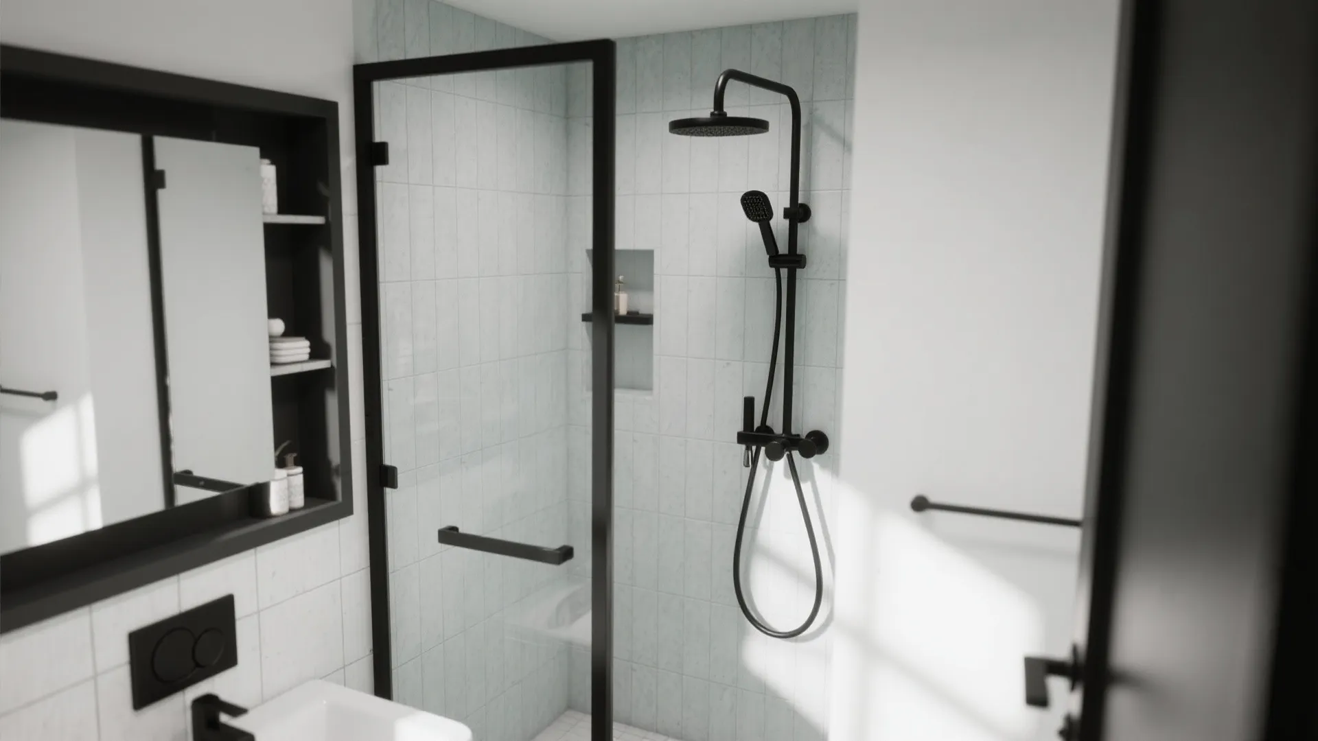Contemporary bathroom design featuring black light fixture glass shower door and white wall tile layout