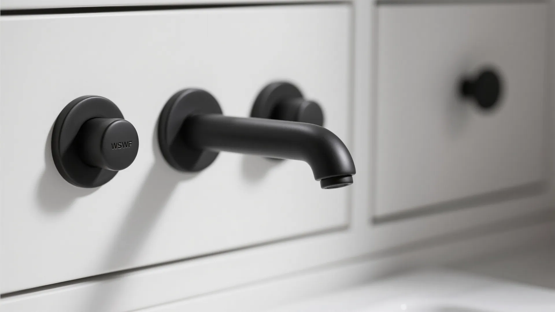 Matte black faucet and handles on white bathroom cabinets