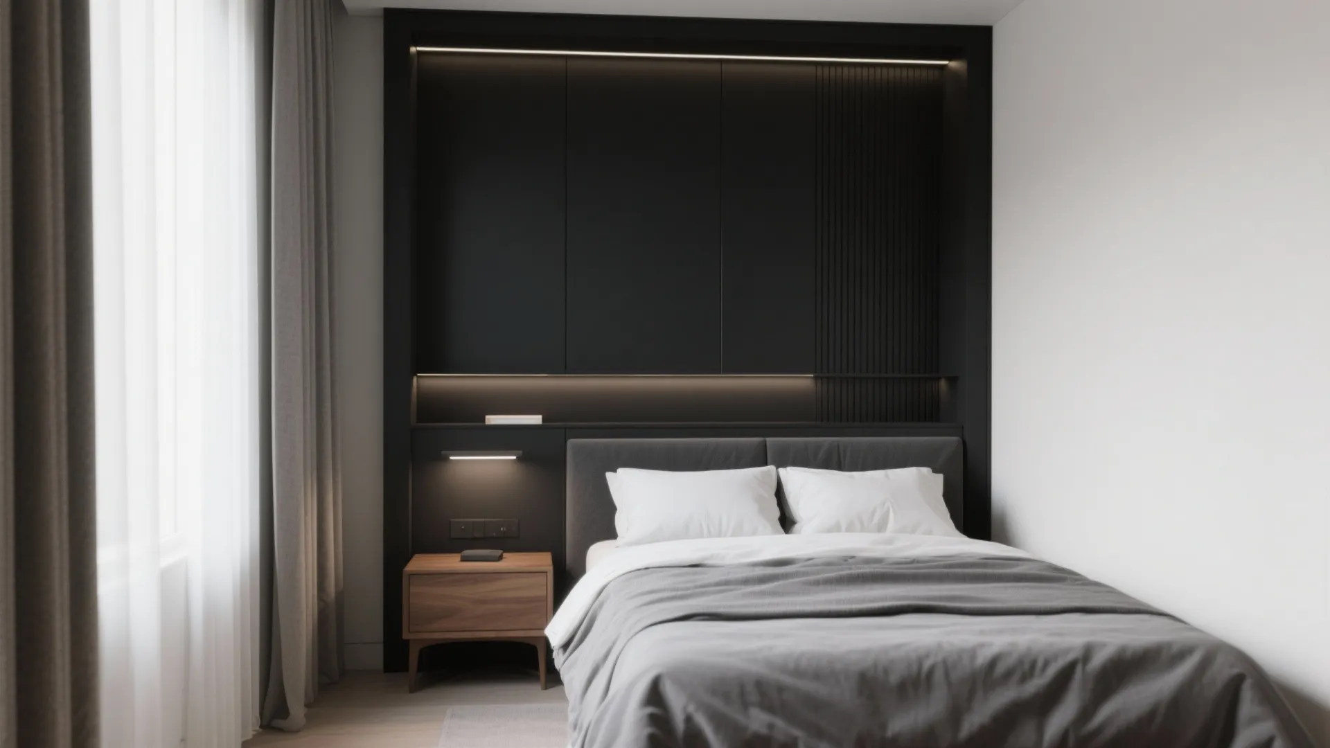 Modern bedroom with a black wall panel behind a grey bed featuring two white pillows