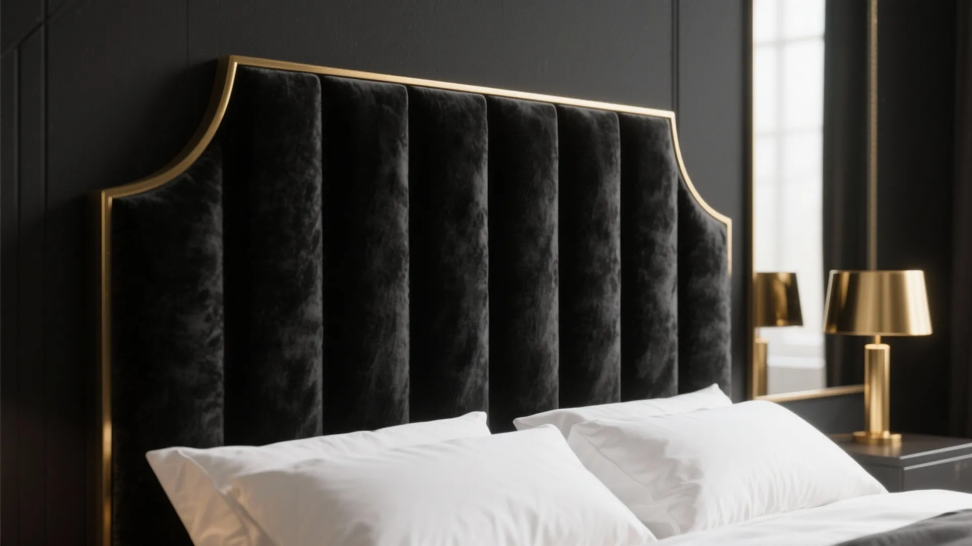 Close-up of a black velvet headboard with a brushed-gold bedside lamp and white linens