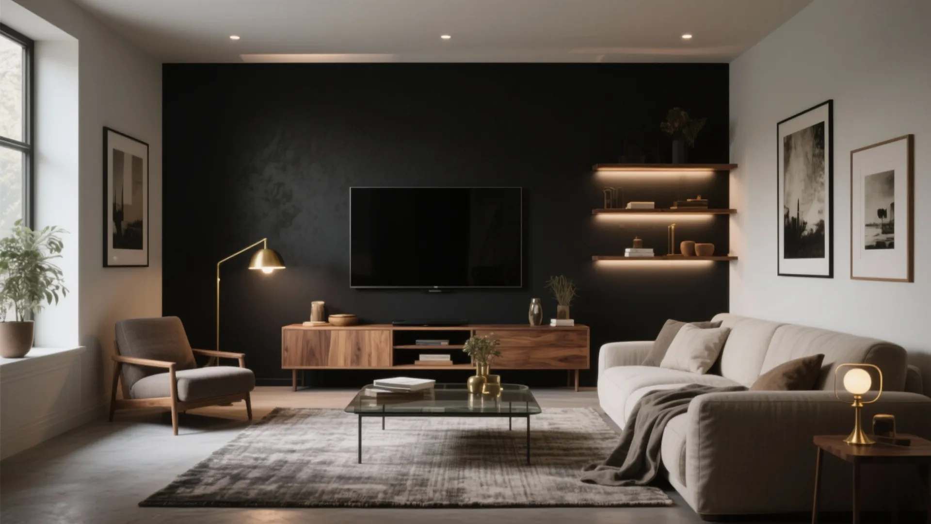 Modern living room featuring black accent wall with television wooden cabinet and comfortable beige sofa