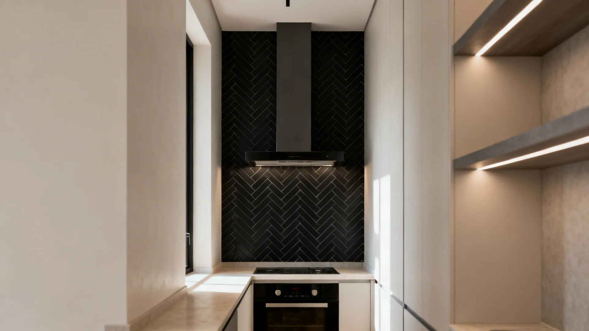 Slim black herringbone backsplash with warm gray grout in a narrow galley kitchen.