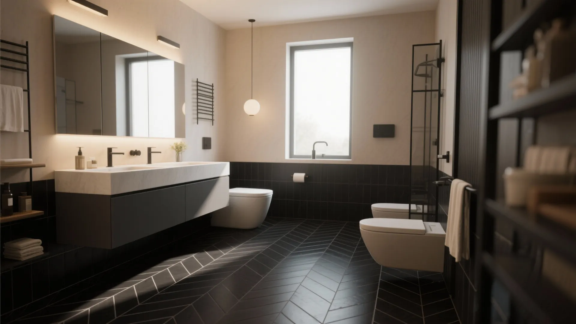 Modern bathroom with black herringbone tiled floor white double sink vanity and large wall mirror