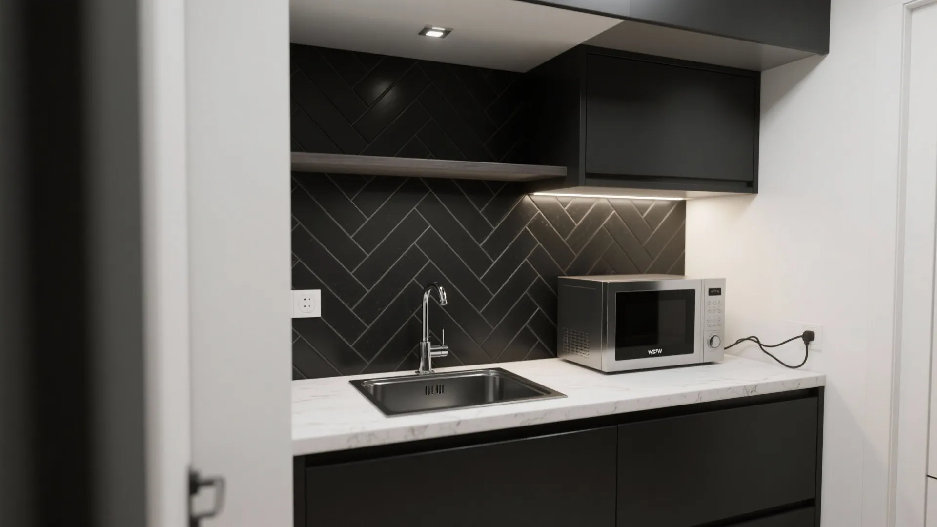 5) Black herringbone in the kitchenette niche