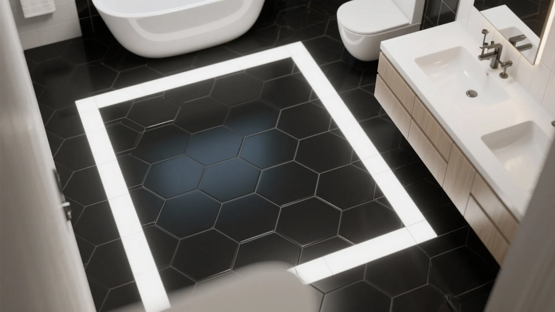 Modern bathroom featuring black hexagon floor tiles with a bright white square border pattern design