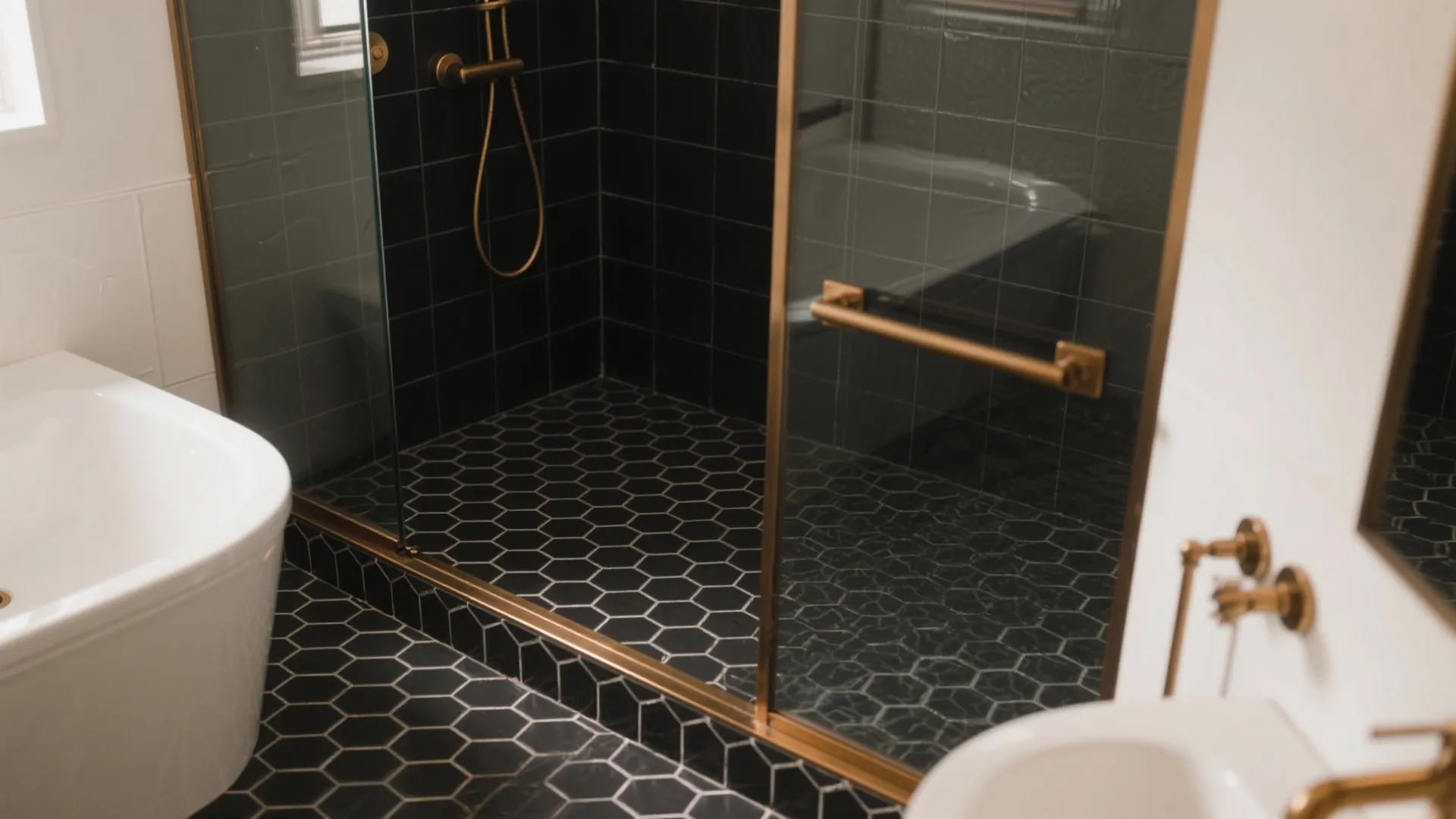 Black Hex Floors with Warm Metal Accents