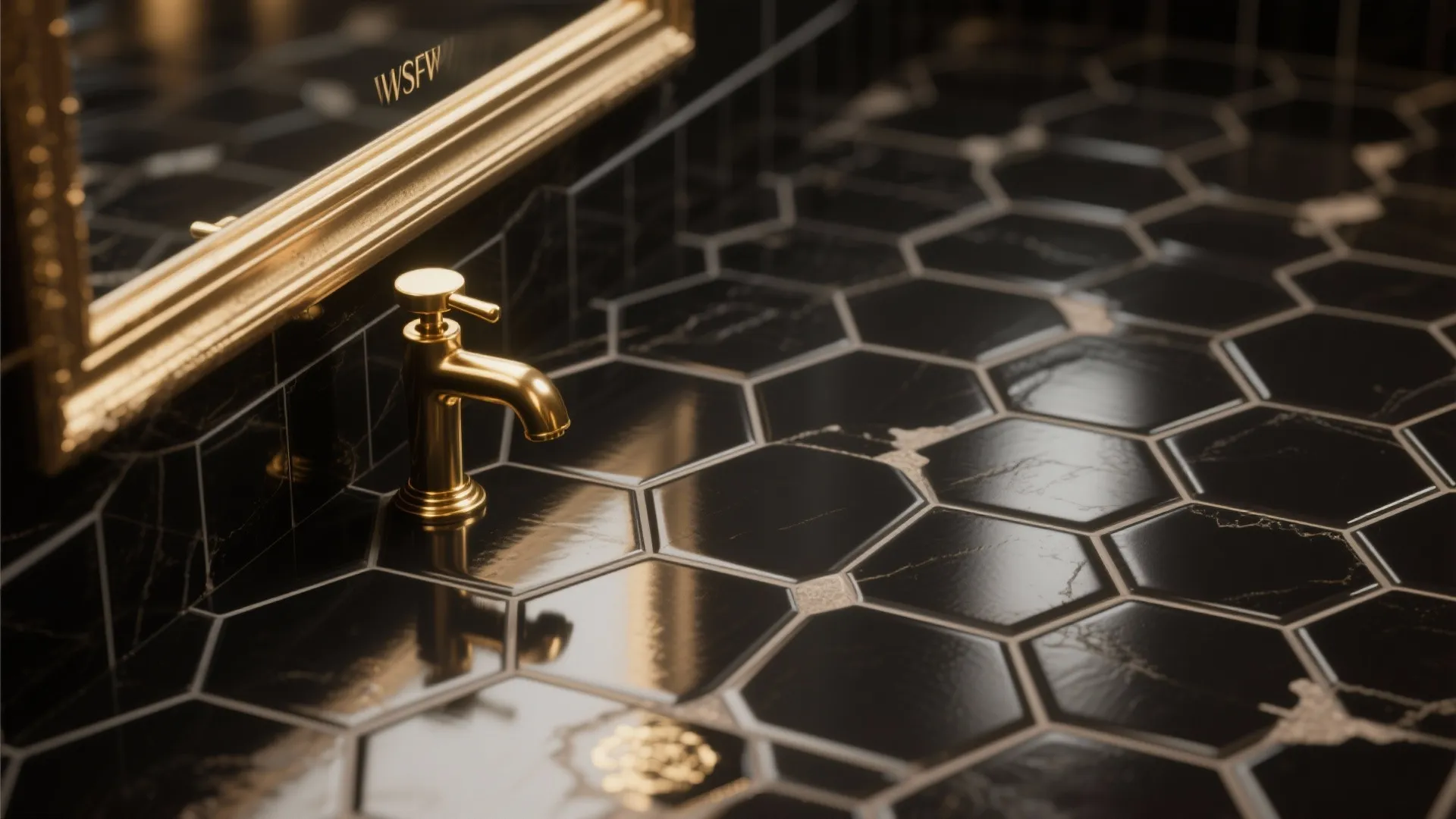 4. Pair black hexagon tile with brass hardware for a luxe touch
