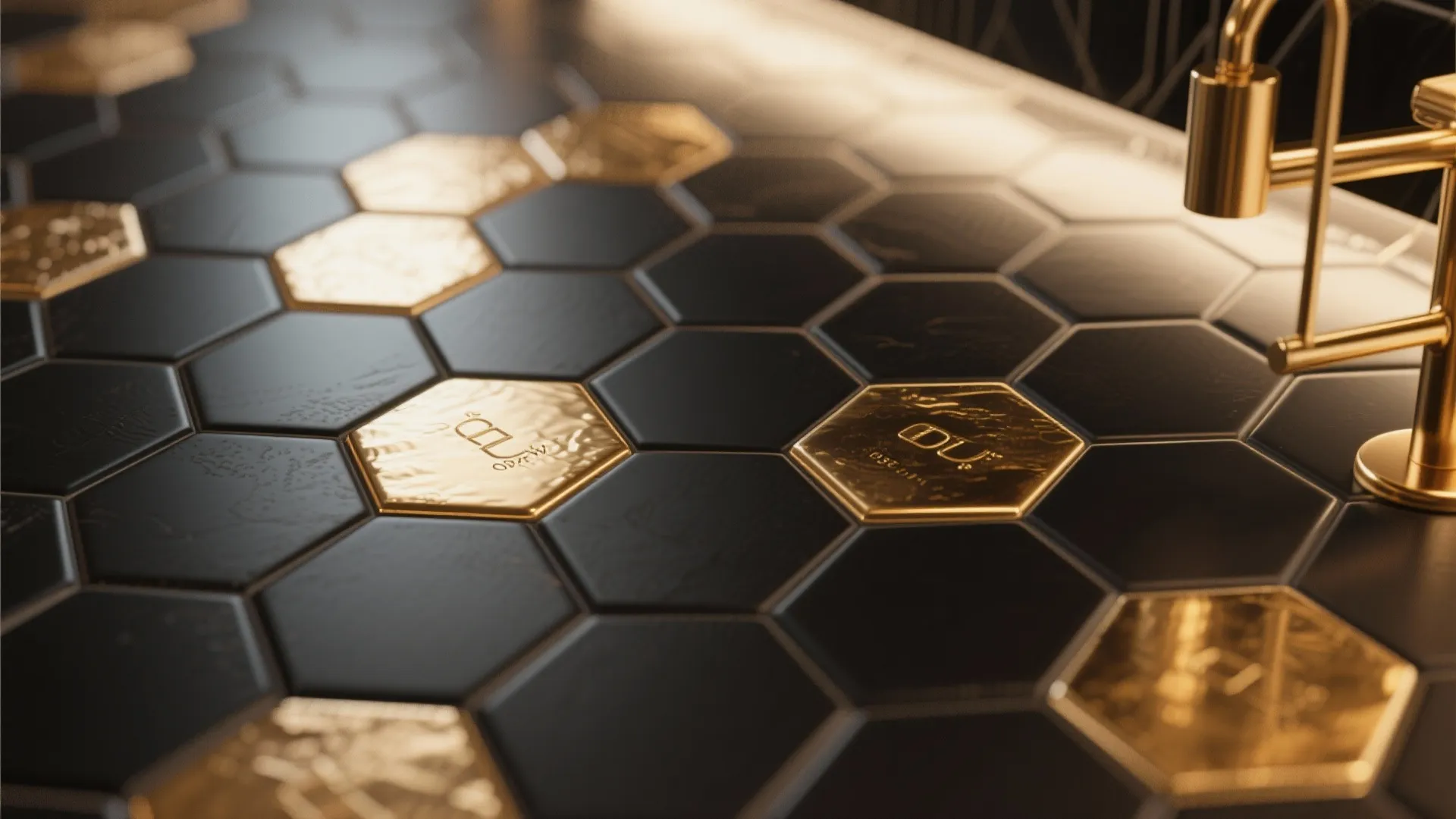 Close up of black hexagonal floor tiles mixed with gold accent tiles and a faucet